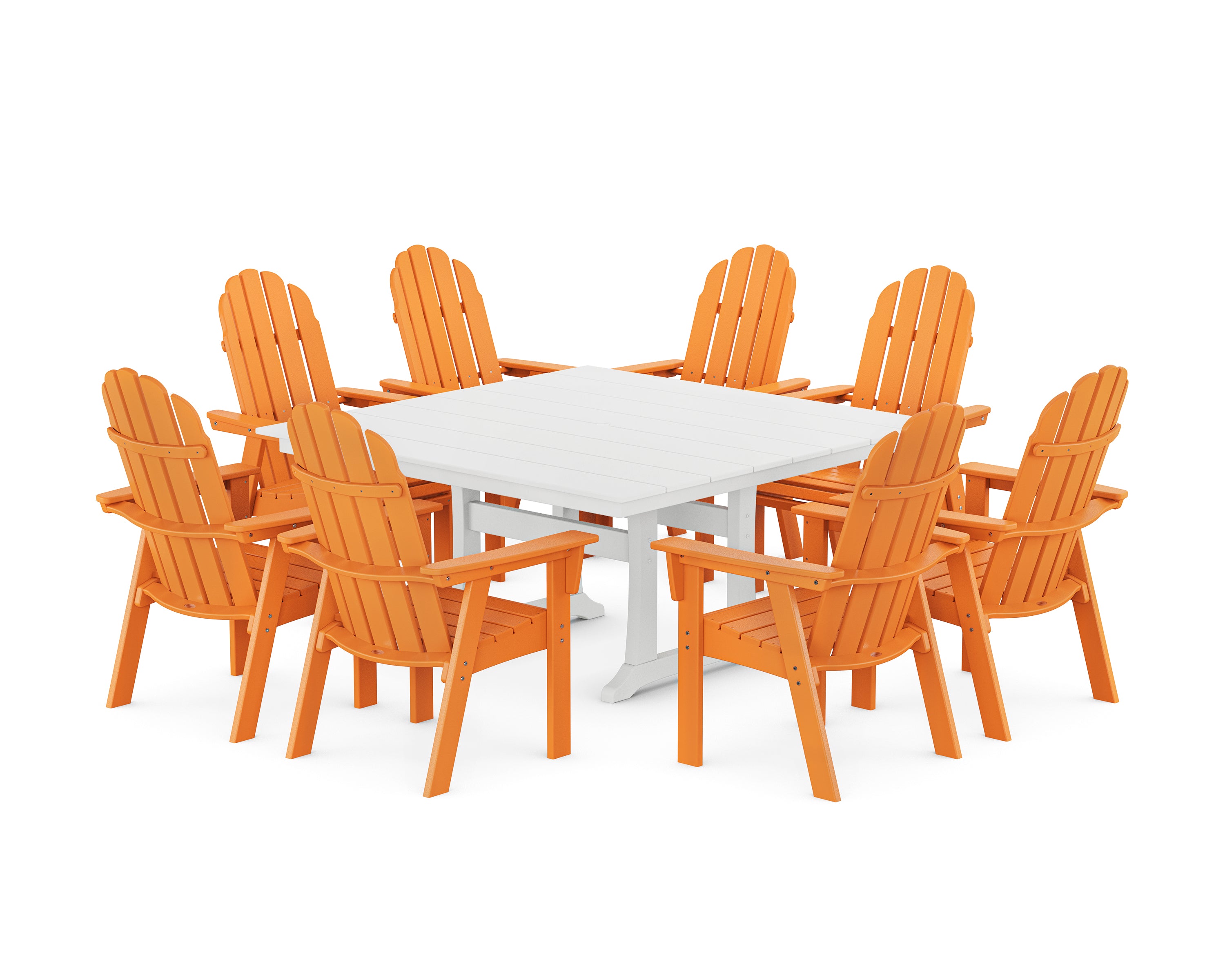 POLYWOOD Vineyard Curveback Adirondack 9-Piece Square Farmhouse Dining Set with Trestle Legs in Tangerine / White