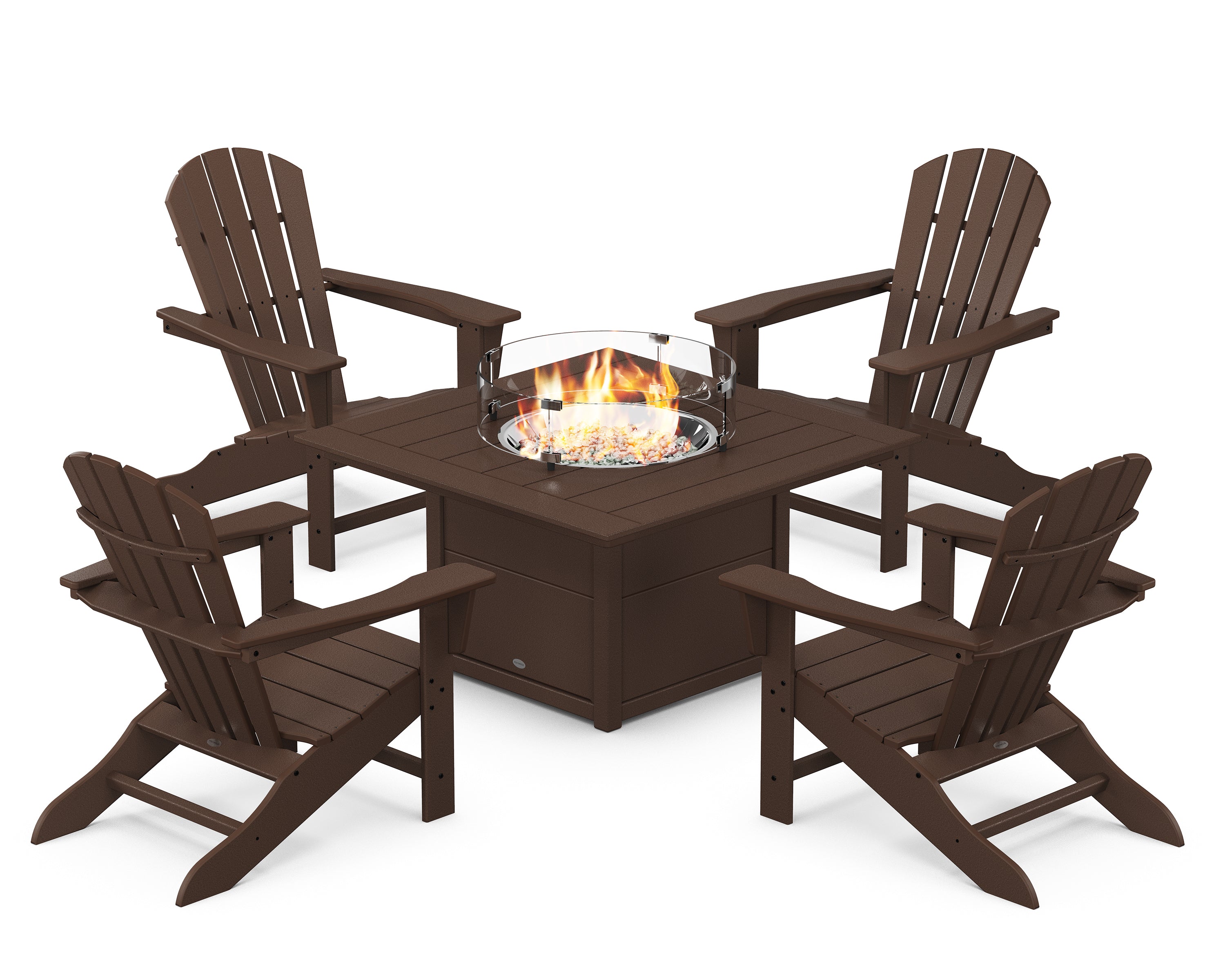 POLYWOOD® Palm Coast 5-Piece Adirondack Chair Conversation Set with Fire Pit Table in Mahogany