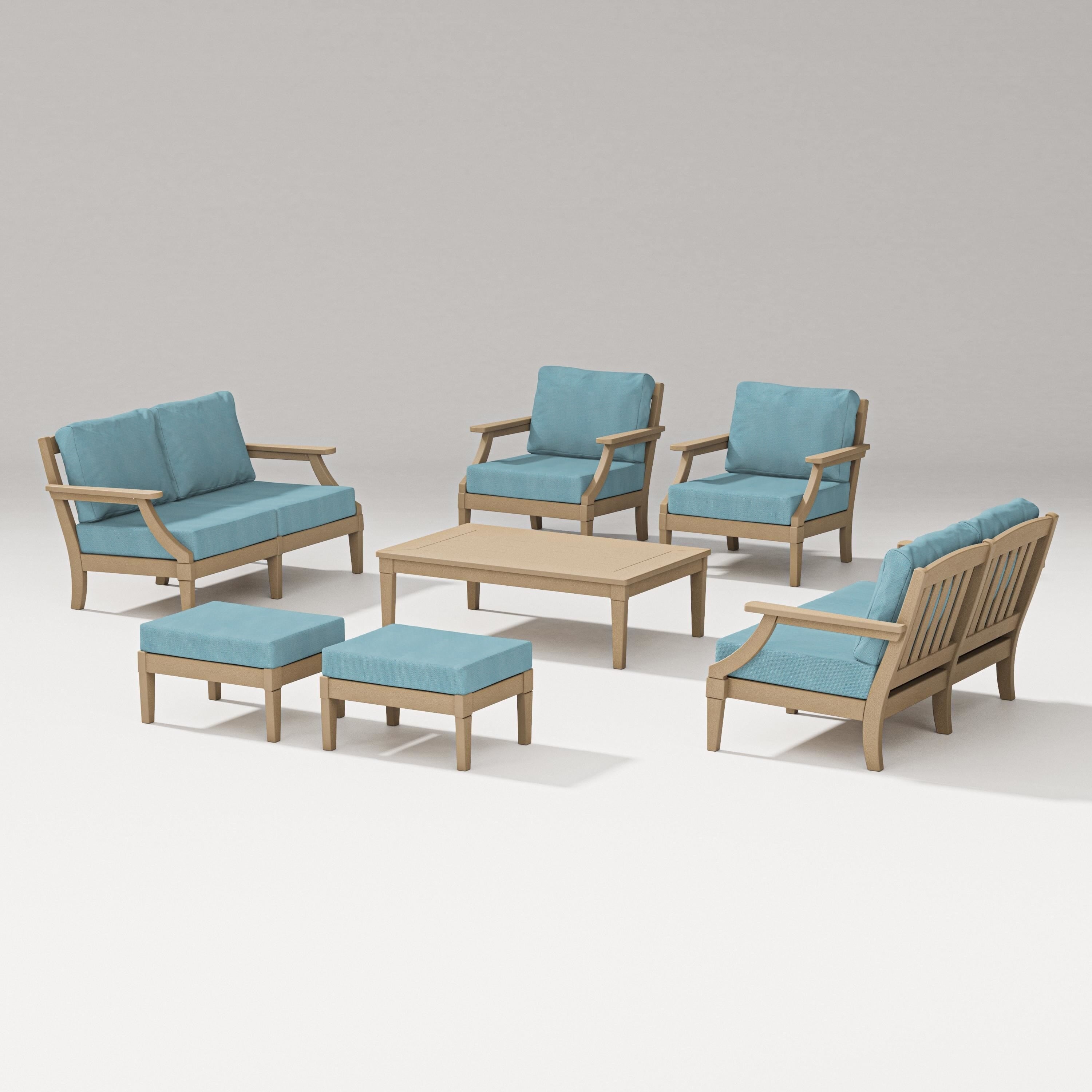 PW Designer Series Estate 7-Piece Lounge Loveseat Set in Vintage Sahara / Lattice Sky Blue