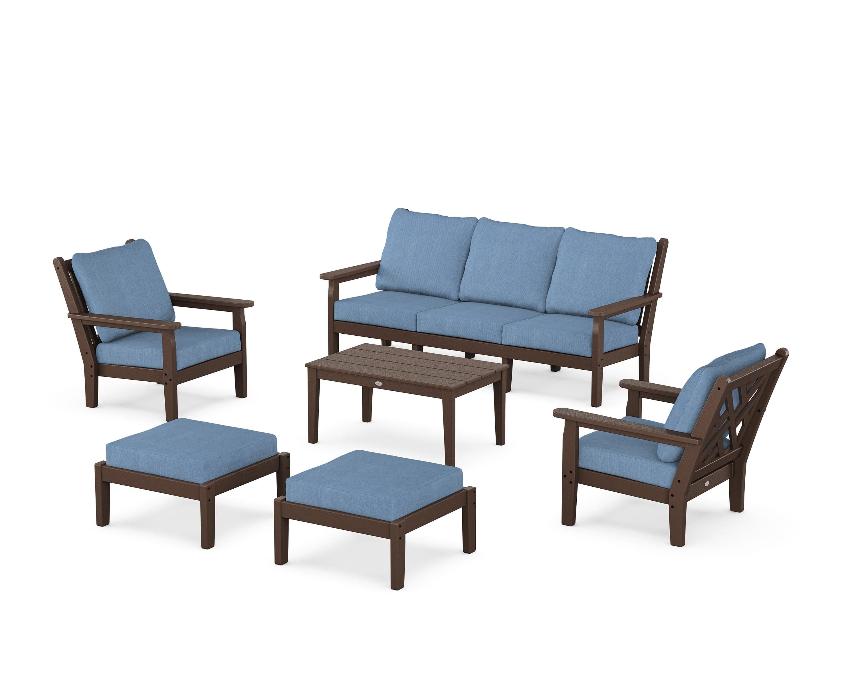 POLYWOOD Chippendale 6-Piece Lounge Sofa Set in Mahogany / Sky Blue