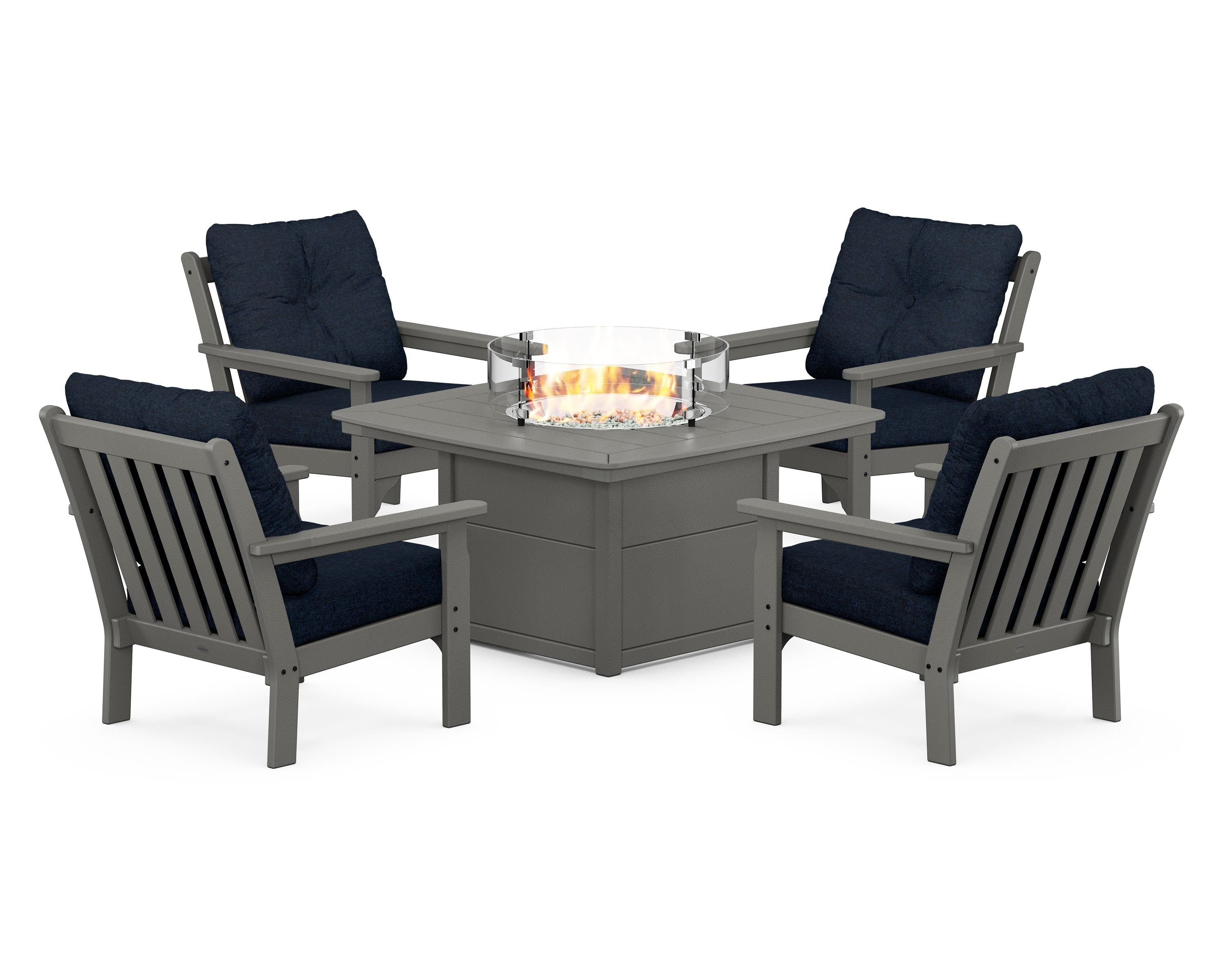 POLYWOOD Vineyard 5-Piece Conversation Set with Fire Pit Table in Slate Grey / Marine Indigo