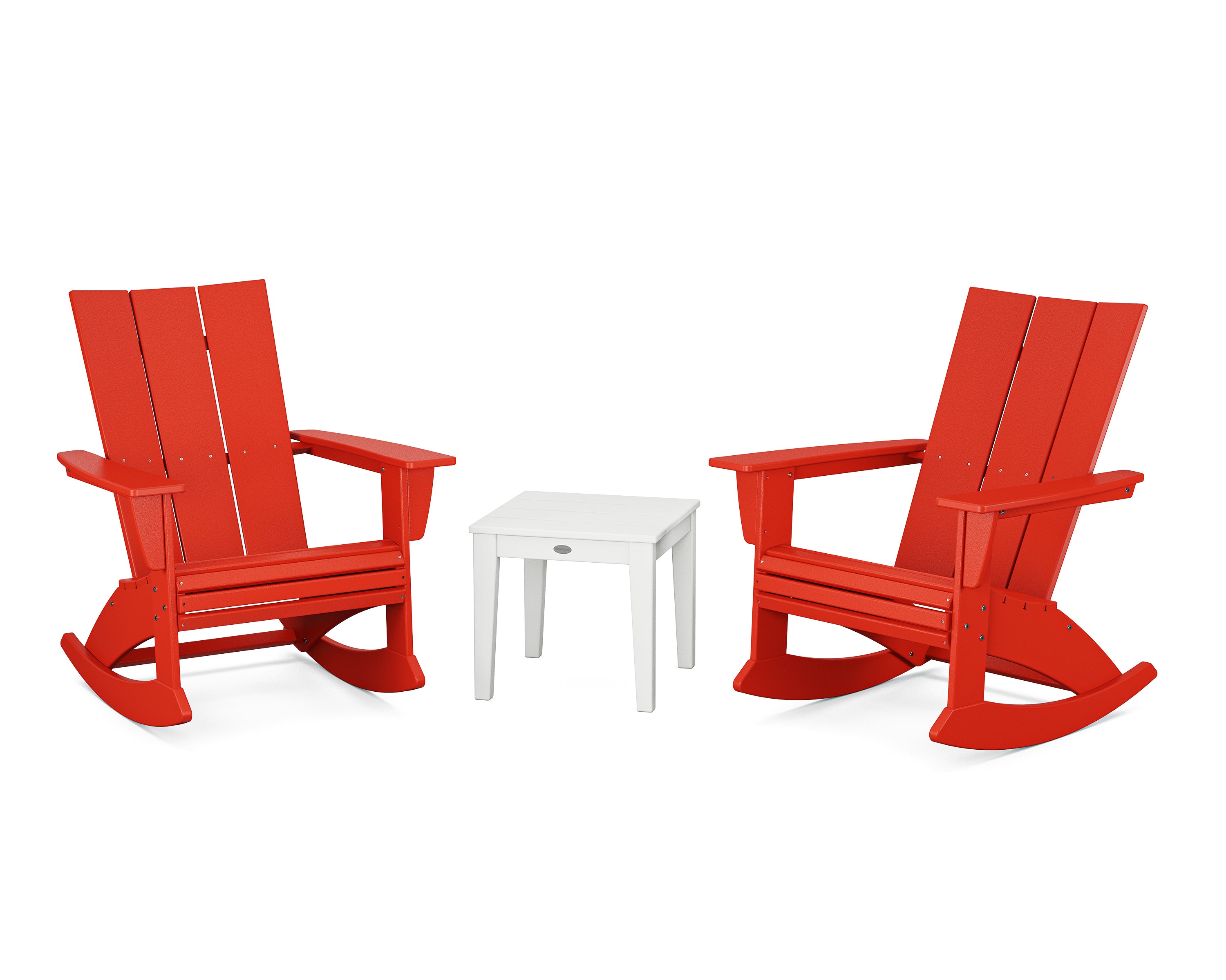 POLYWOOD® Modern Curveback 3-Piece Adirondack Rocking Chair Set in Sunset Red / White