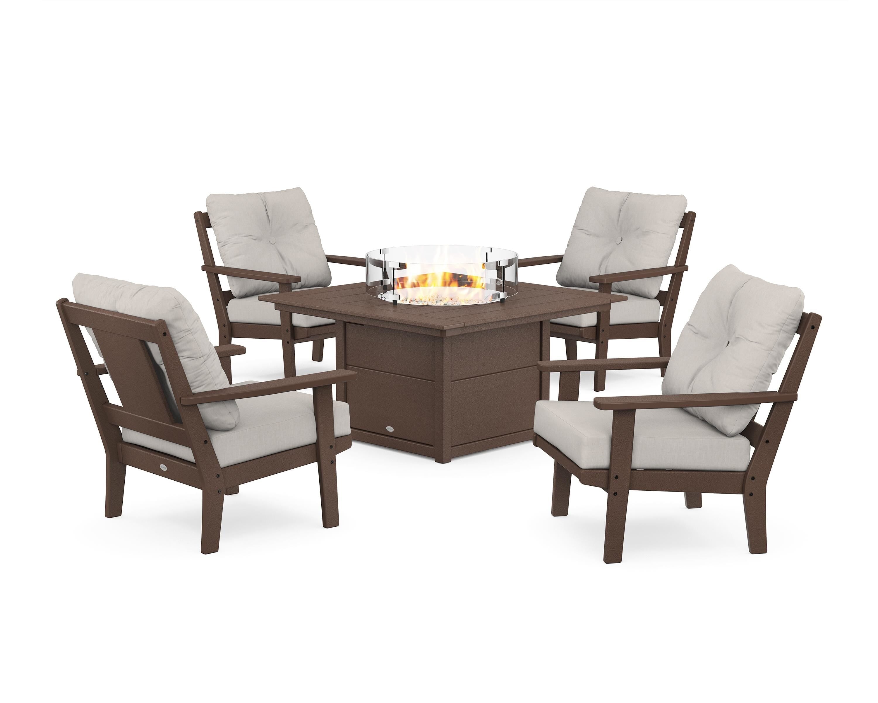 POLYWOOD Prairie 5-Piece Deep Seating Set with Fire Pit Table in Mahogany / Cast Ash