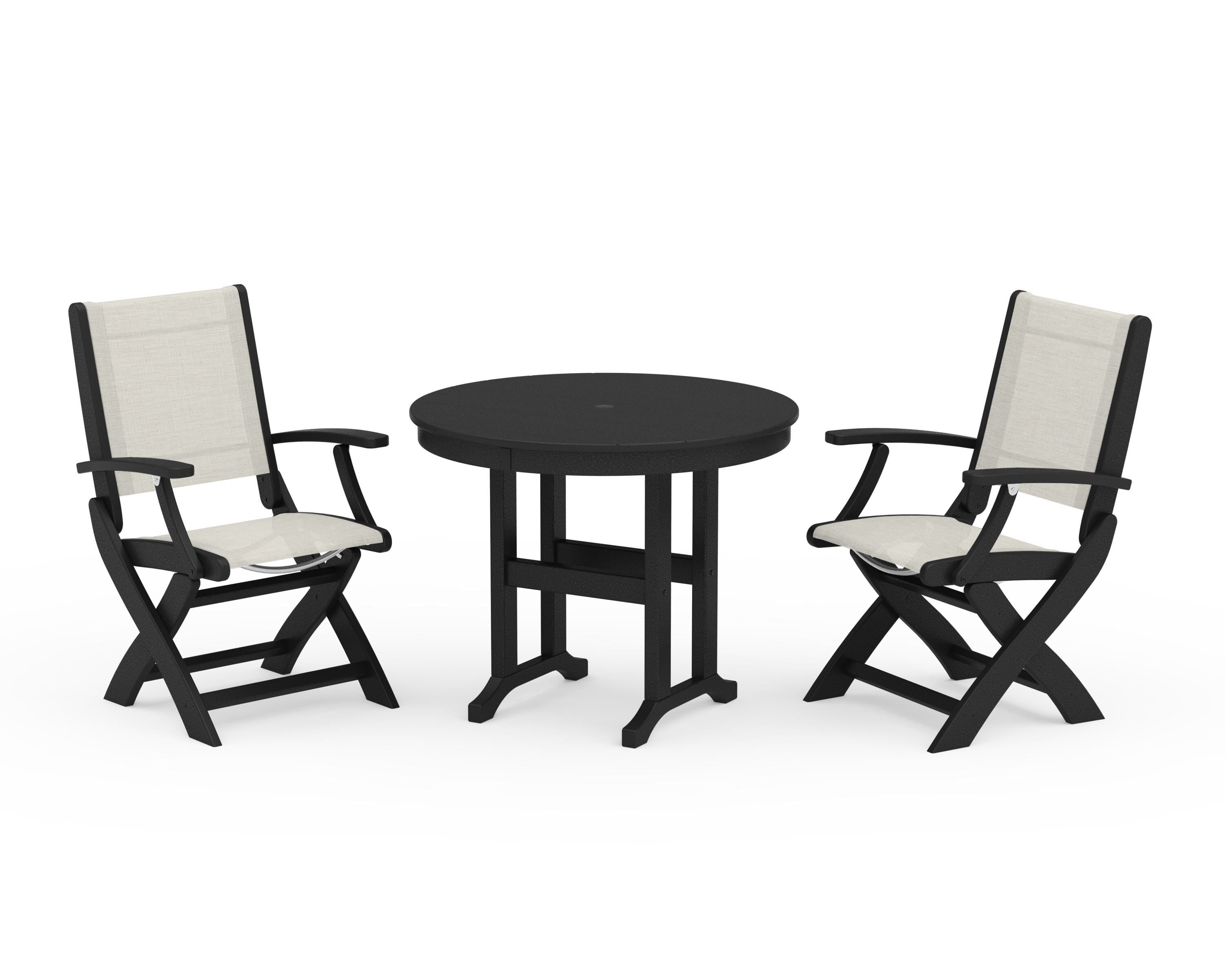 POLYWOOD Coastal Folding Chair 3-Piece Round Dining Set in Black / Parchment Sling