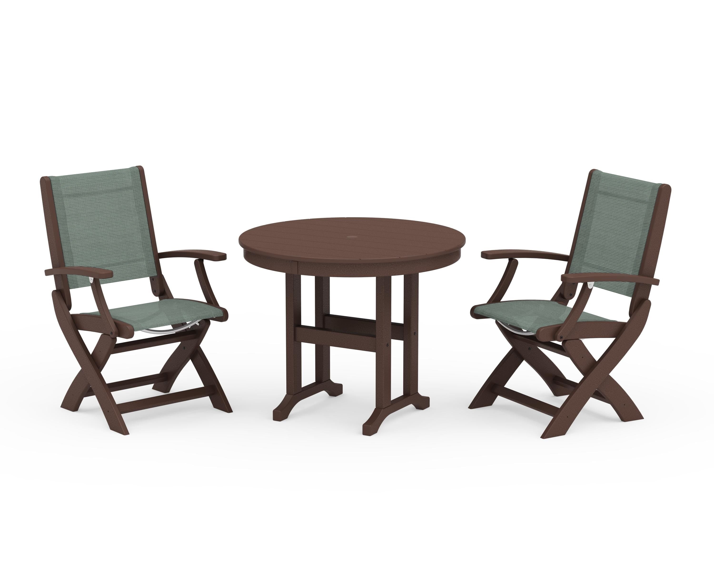 POLYWOOD Coastal Folding Chair 3-Piece Round Dining Set in Mahogany / Dupioni Sea Mist Sling