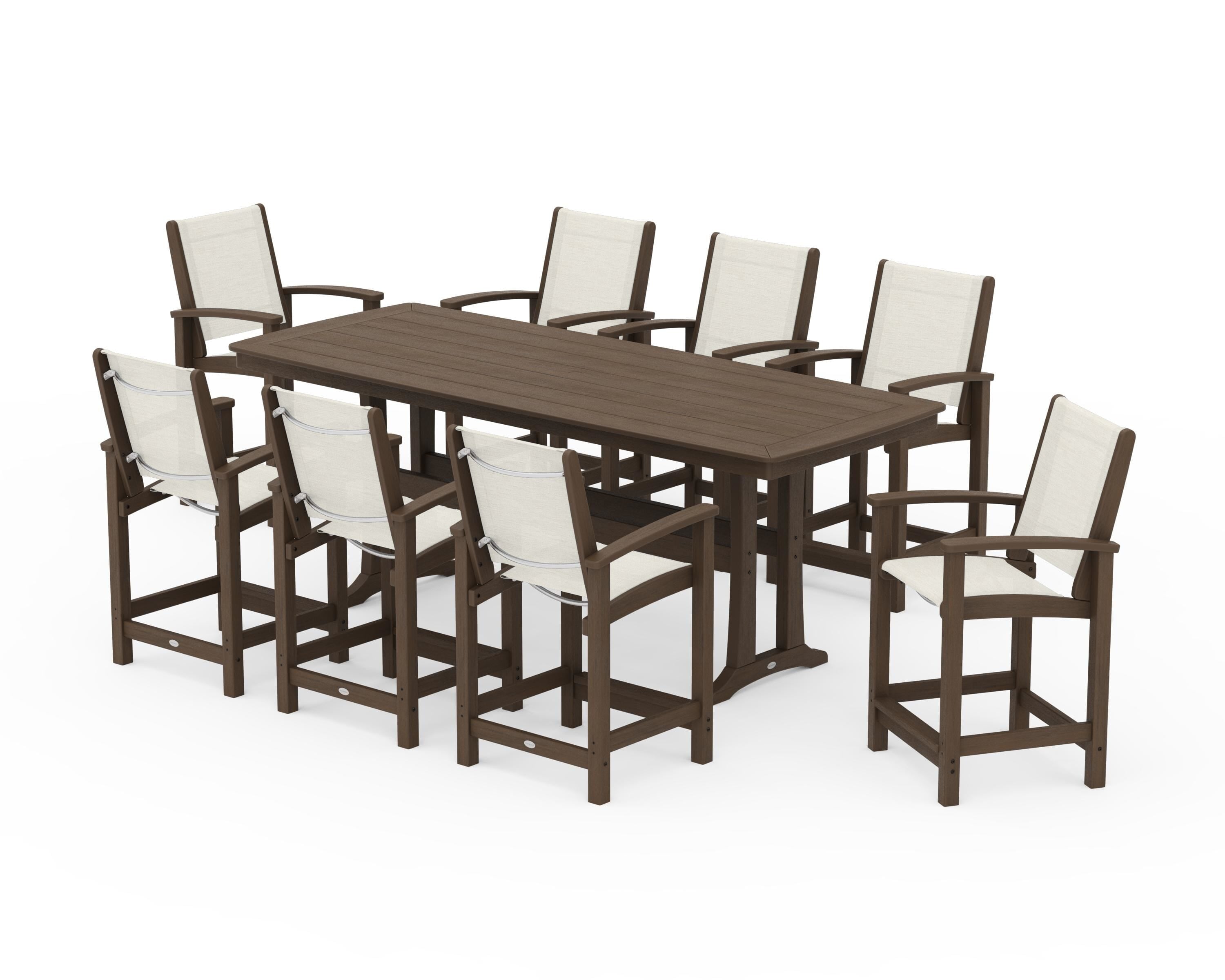 POLYWOOD Coastal 9-Piece Counter Set with Trestle Legs in Kona / Parchment Sling