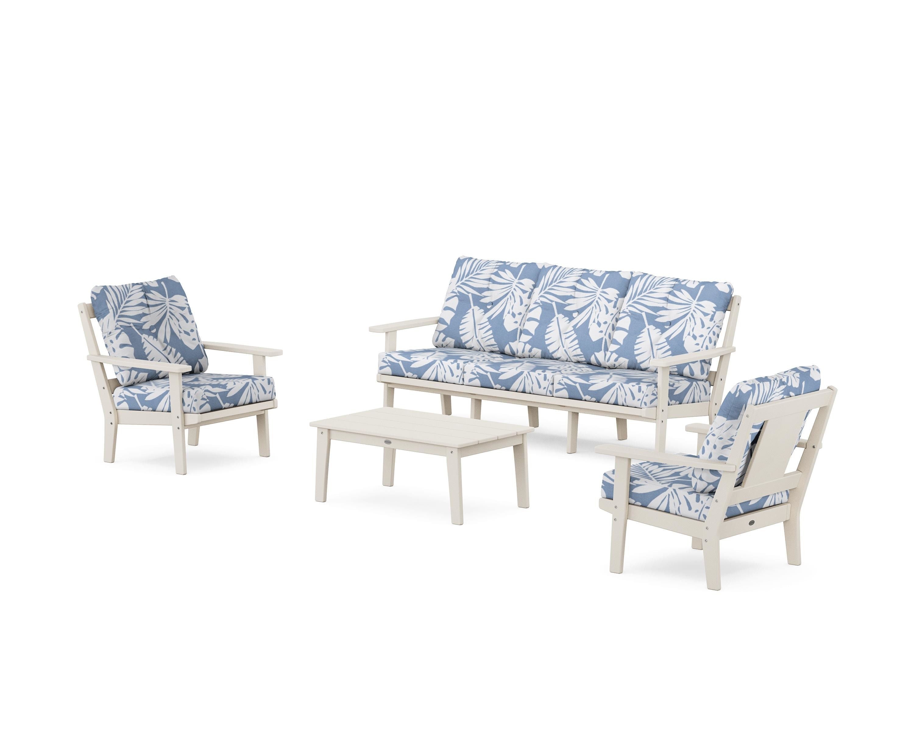POLYWOOD Prairie 4-Piece Deep Seating Set with Sofa in Sand / Leaf Sky Blue
