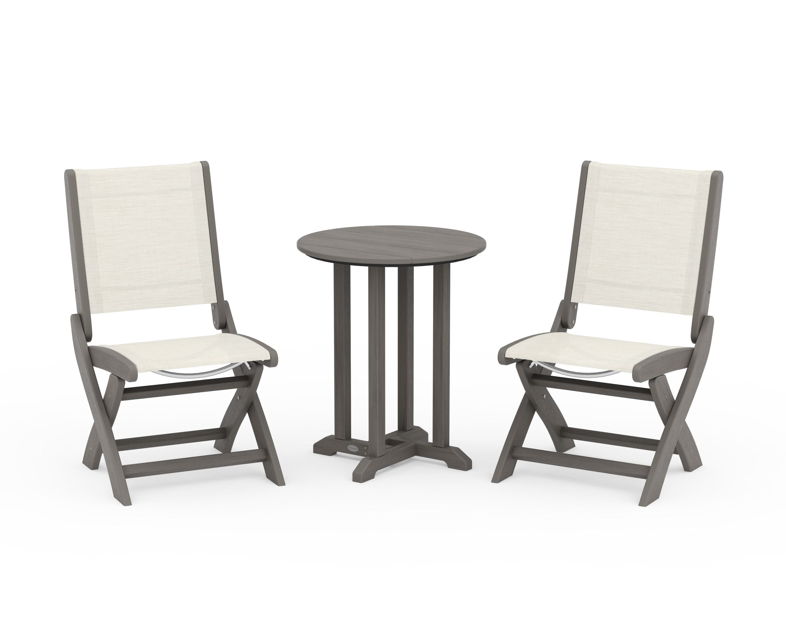 POLYWOOD Coastal Folding Side Chair 3-Piece Round Bistro Dining Set in Driftwood / Parchment Sling