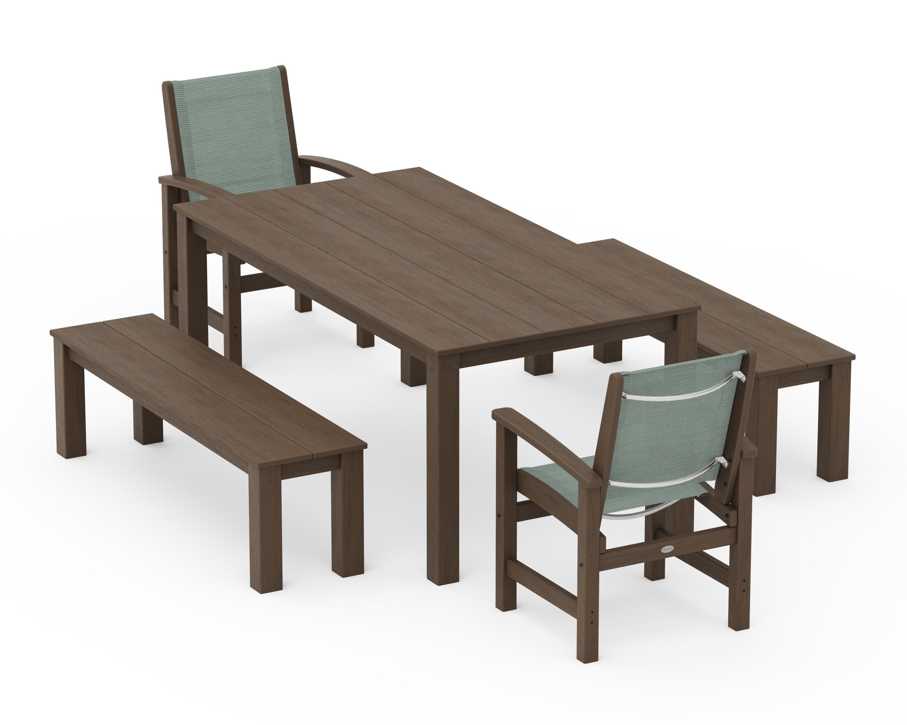 POLYWOOD Coastal 5-Piece Parsons Dining Set with Benches in Kona / Dupioni Sea Mist Sling