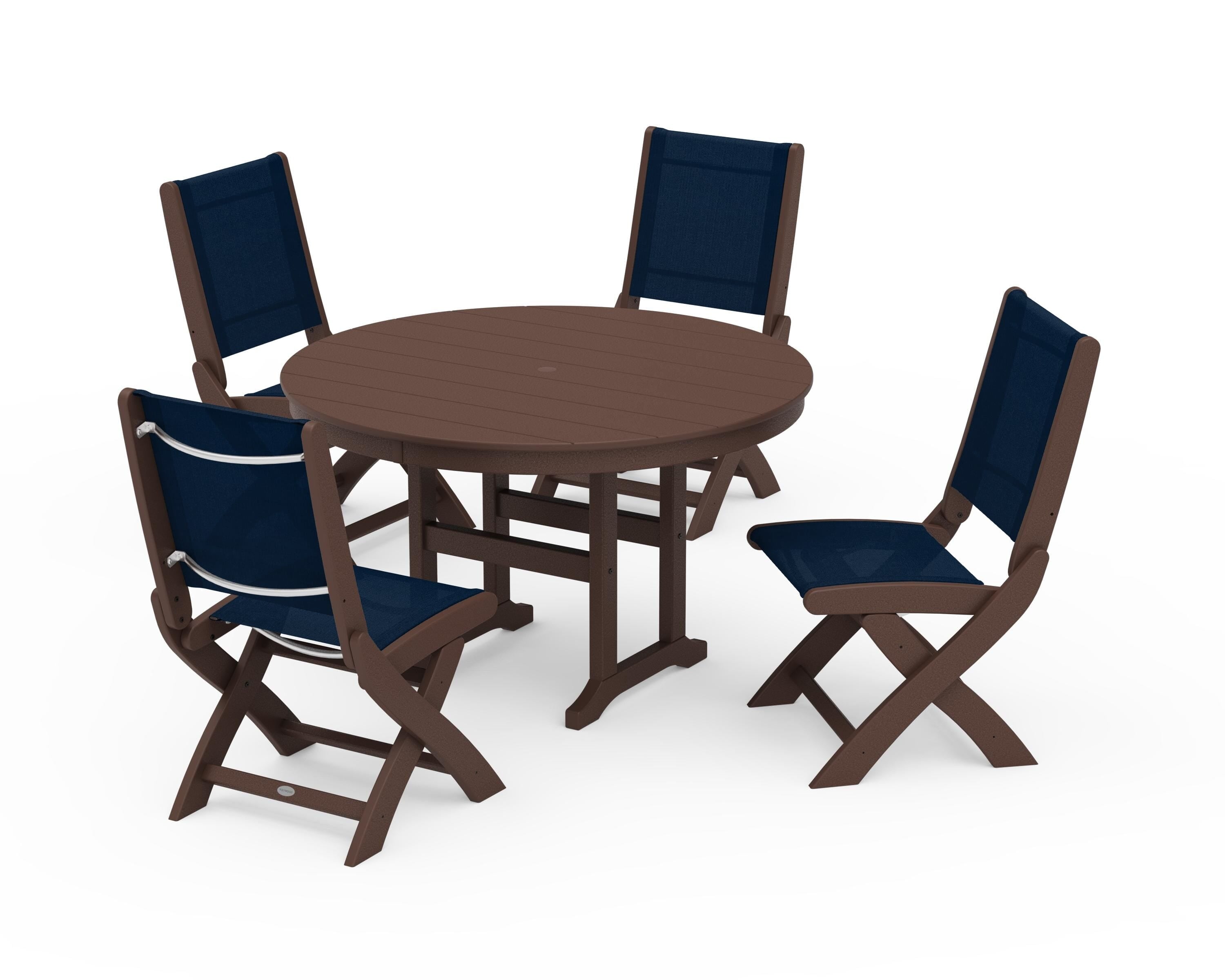 POLYWOOD Coastal Folding Side Chair 5-Piece Round Dining Set in Mahogany / Navy Blue Sling