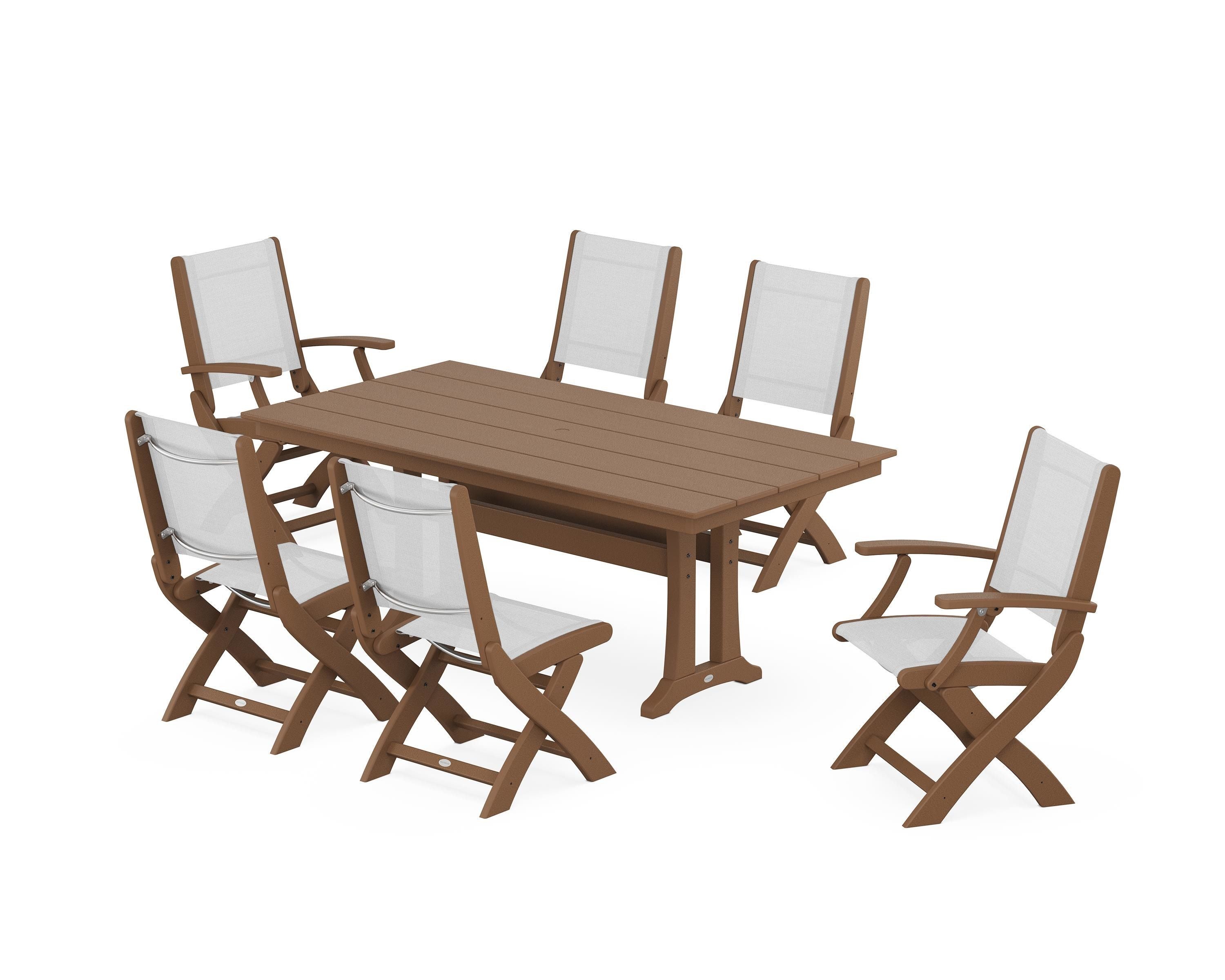 POLYWOOD Coastal Folding Chair 7-Piece Farmhouse Dining Set with Trestle Legs in Teak / White Sling
