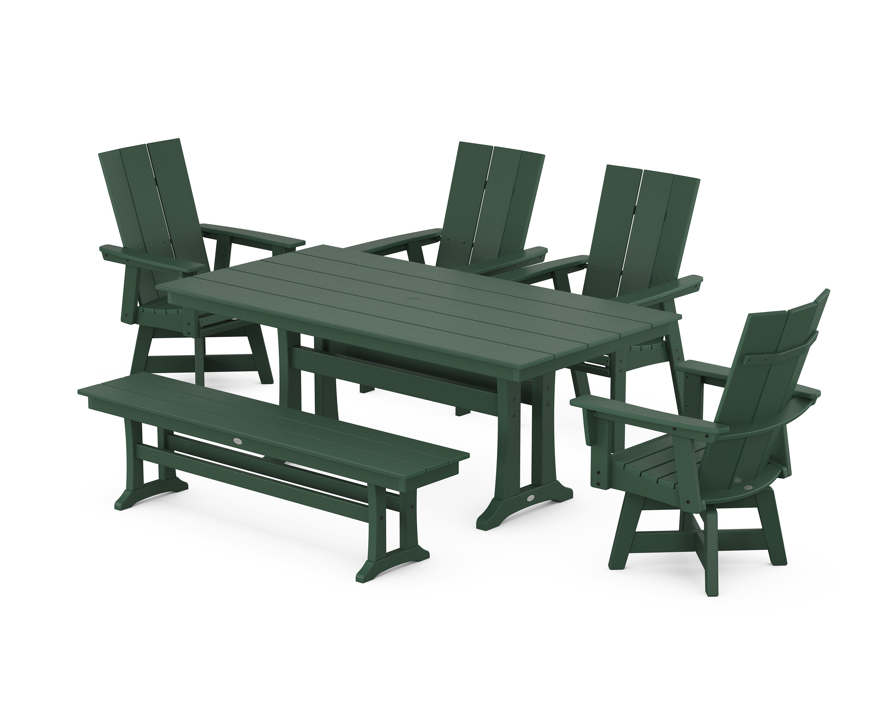 POLYWOOD® Modern Curveback Adirondack Swivel Chair 6-Piece Farmhouse Dining Set With Trestle Legs and Bench in Green