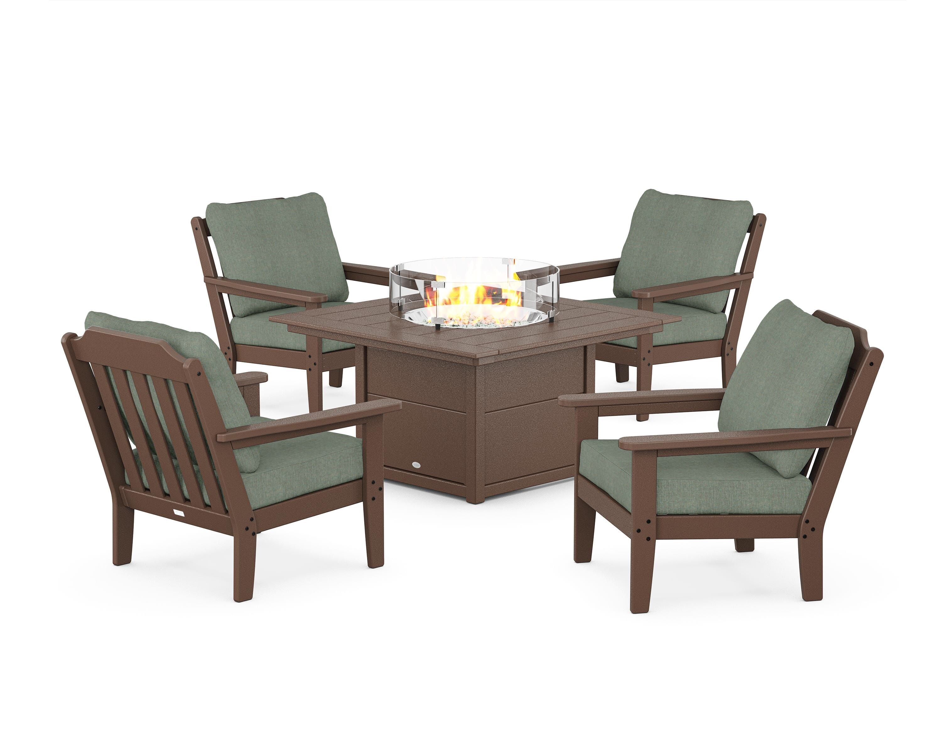 Country Living Cottage 5-Piece Deep Seating Set with Fire Pit Table in Mahogany / Cast Sage