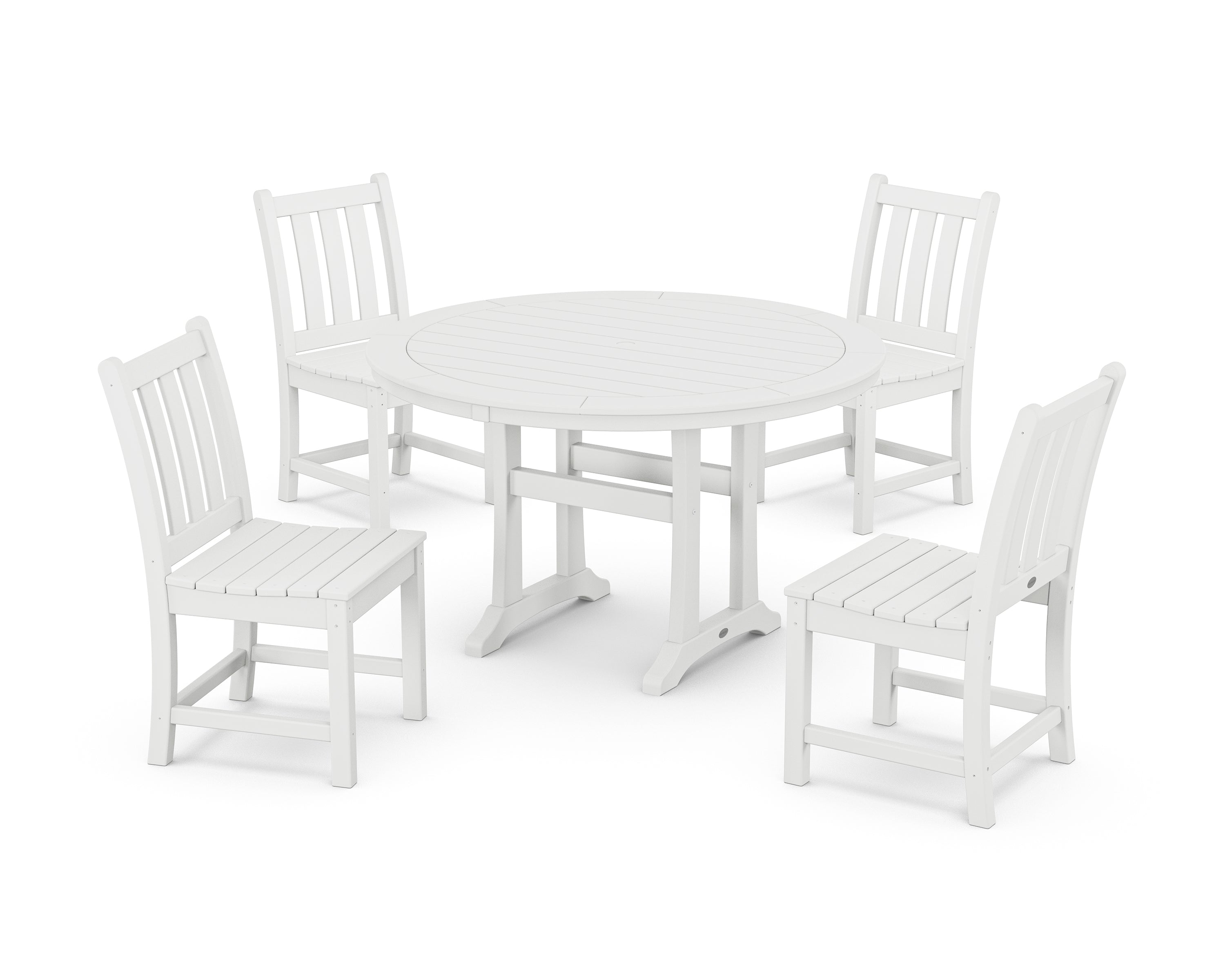 POLYWOOD® Traditional Garden Side Chair 5-Piece Round Dining Set With Trestle Legs in White