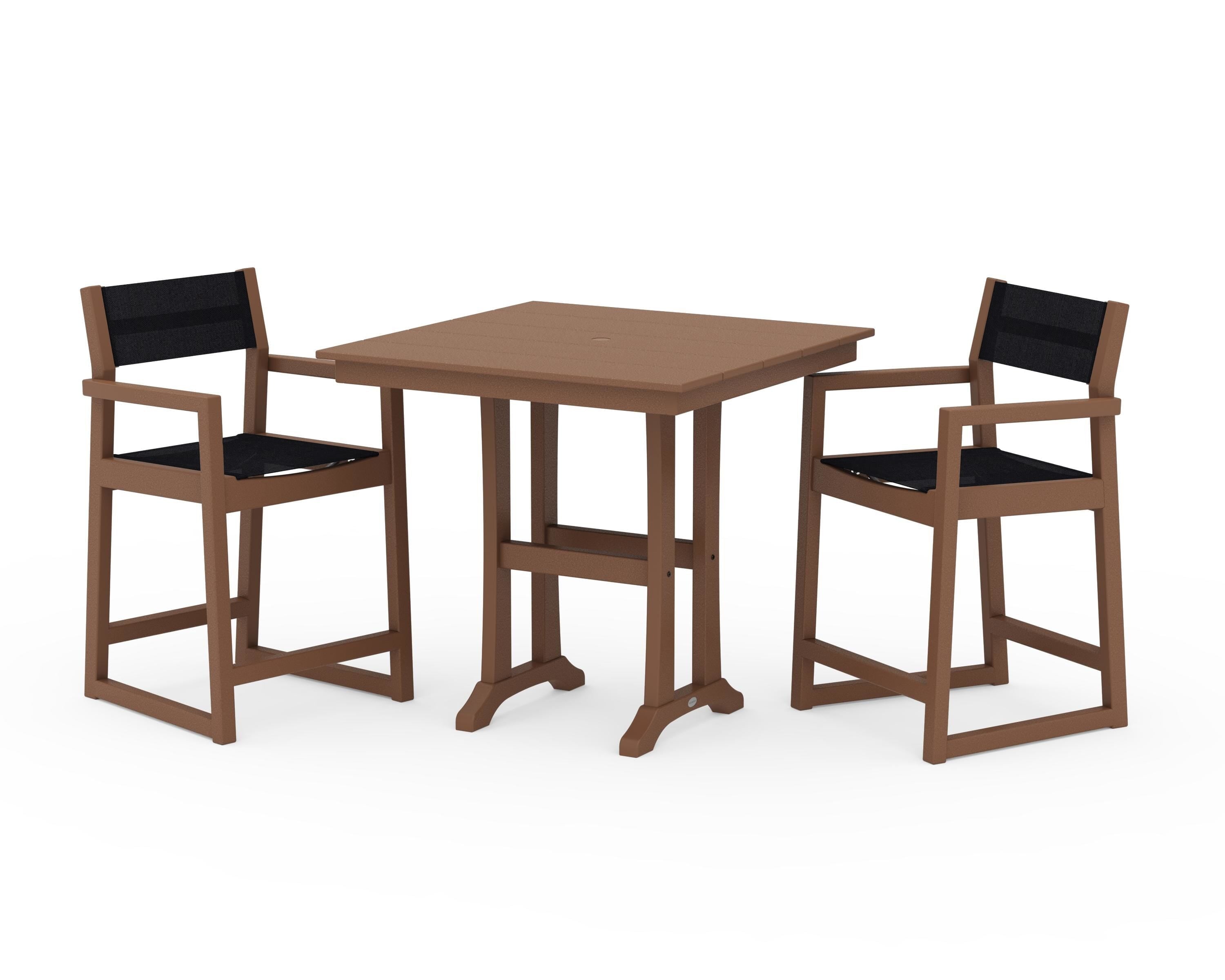 POLYWOOD EDGE Sling Arm Chair 3-Piece Farmhouse Counter Set with Trestle Legs in Teak / Black Sling