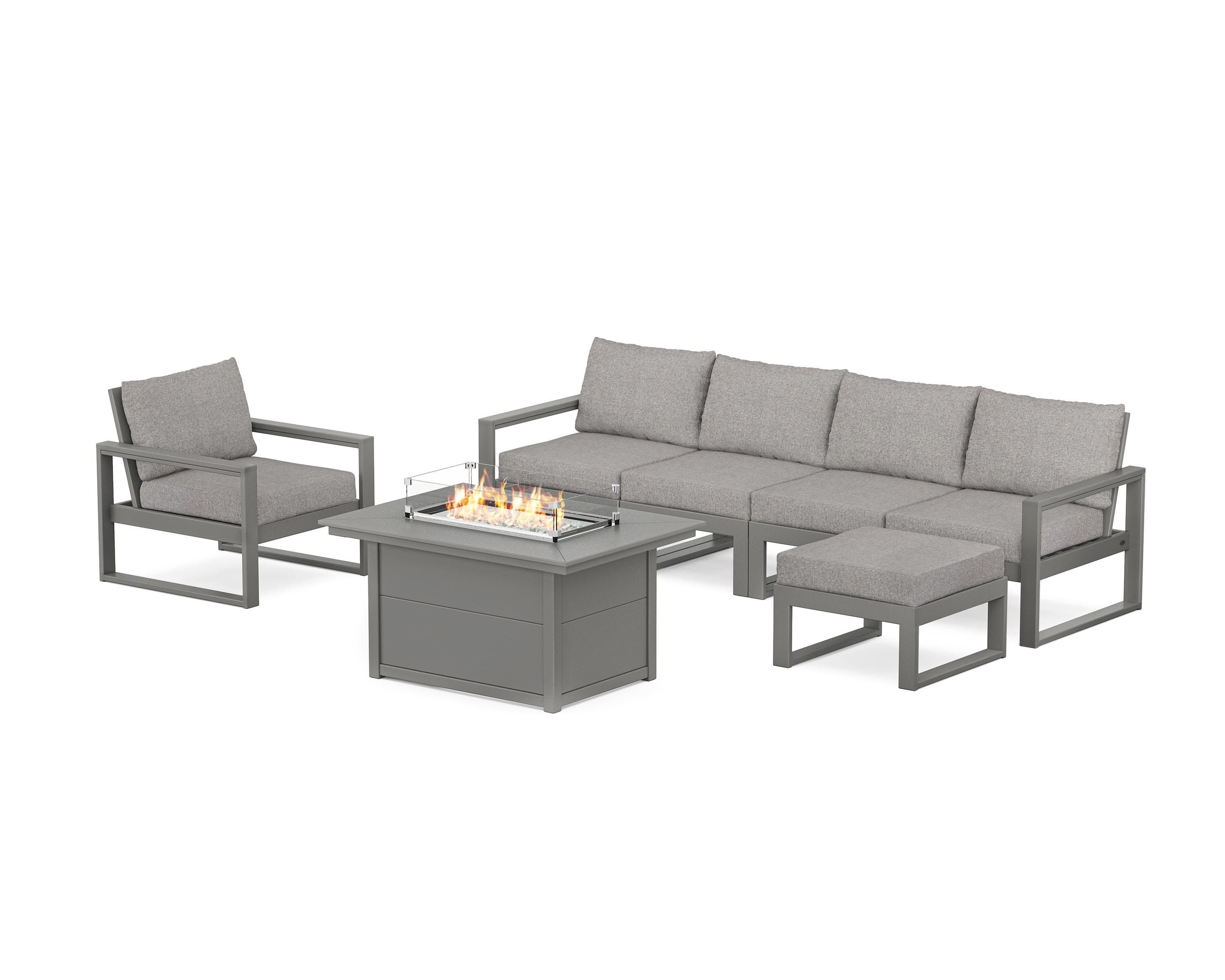 POLYWOOD EDGE Sectional Lounge and Fire Pit Set in Slate Grey / Grey Mist