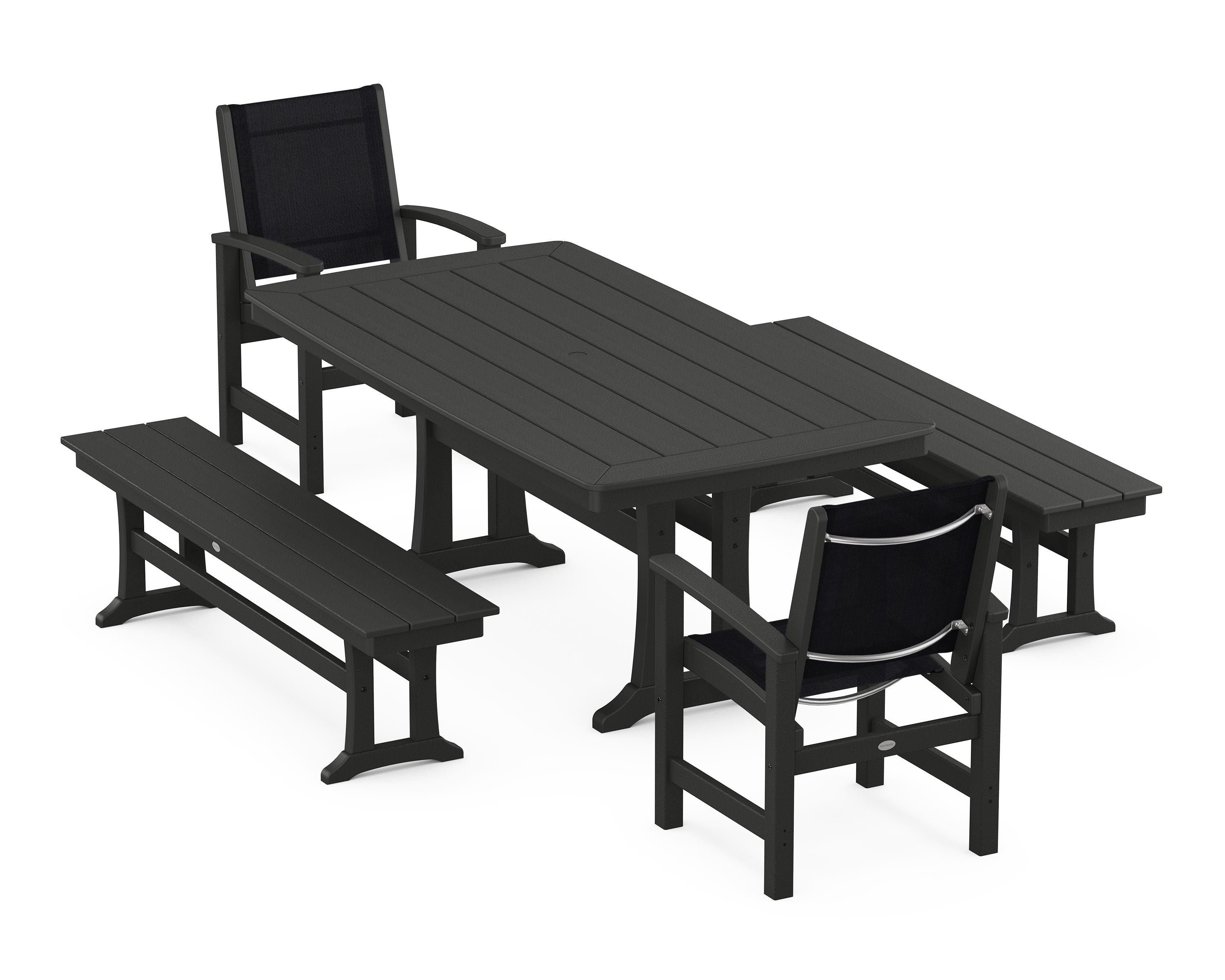 POLYWOOD Coastal 5-Piece Dining Set with Trestle Legs and Benches in Black / Black Sling