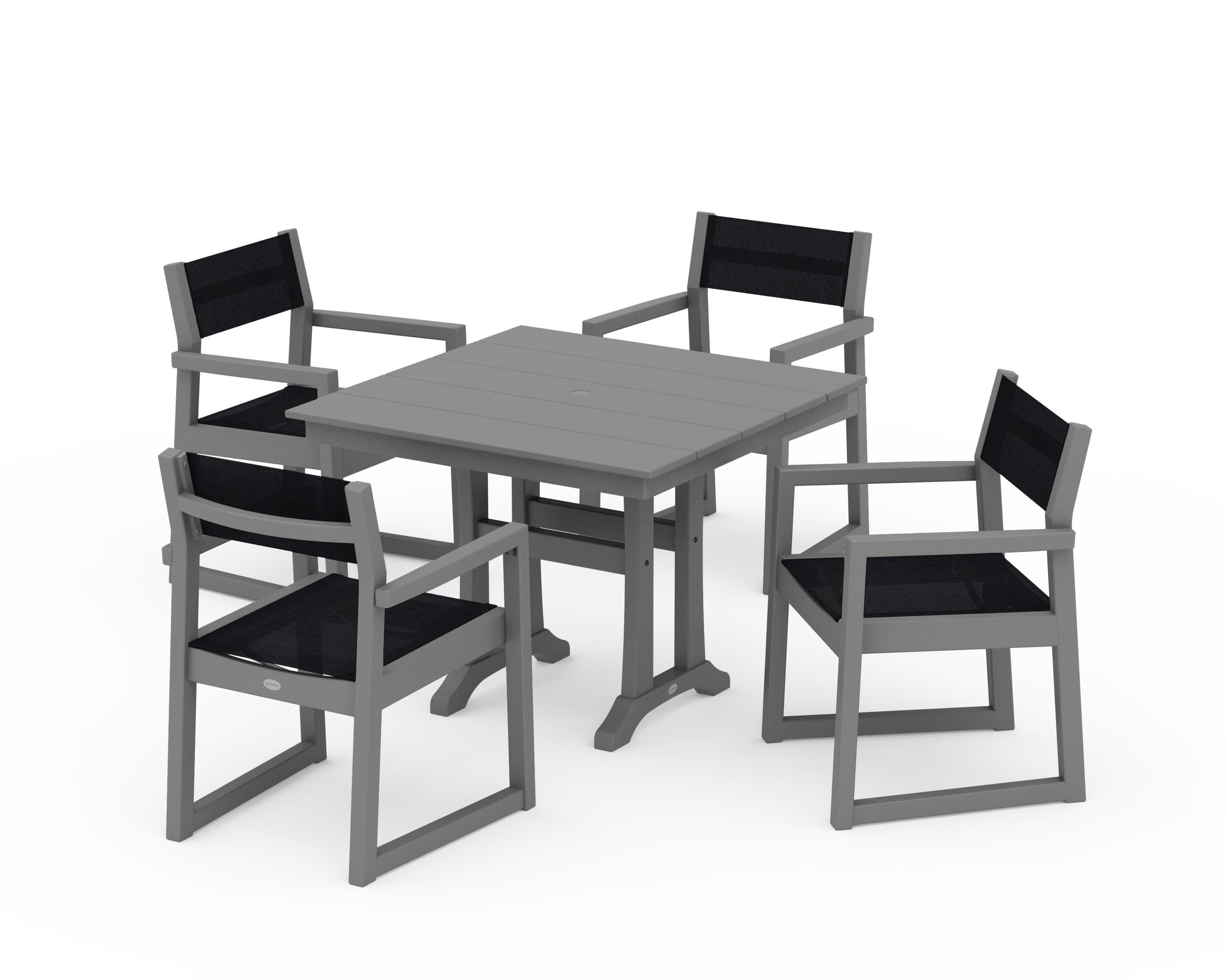 POLYWOOD EDGE Sling 5-Piece Farmhouse Dining Set with Trestle Legs in Slate Grey / Black Sling