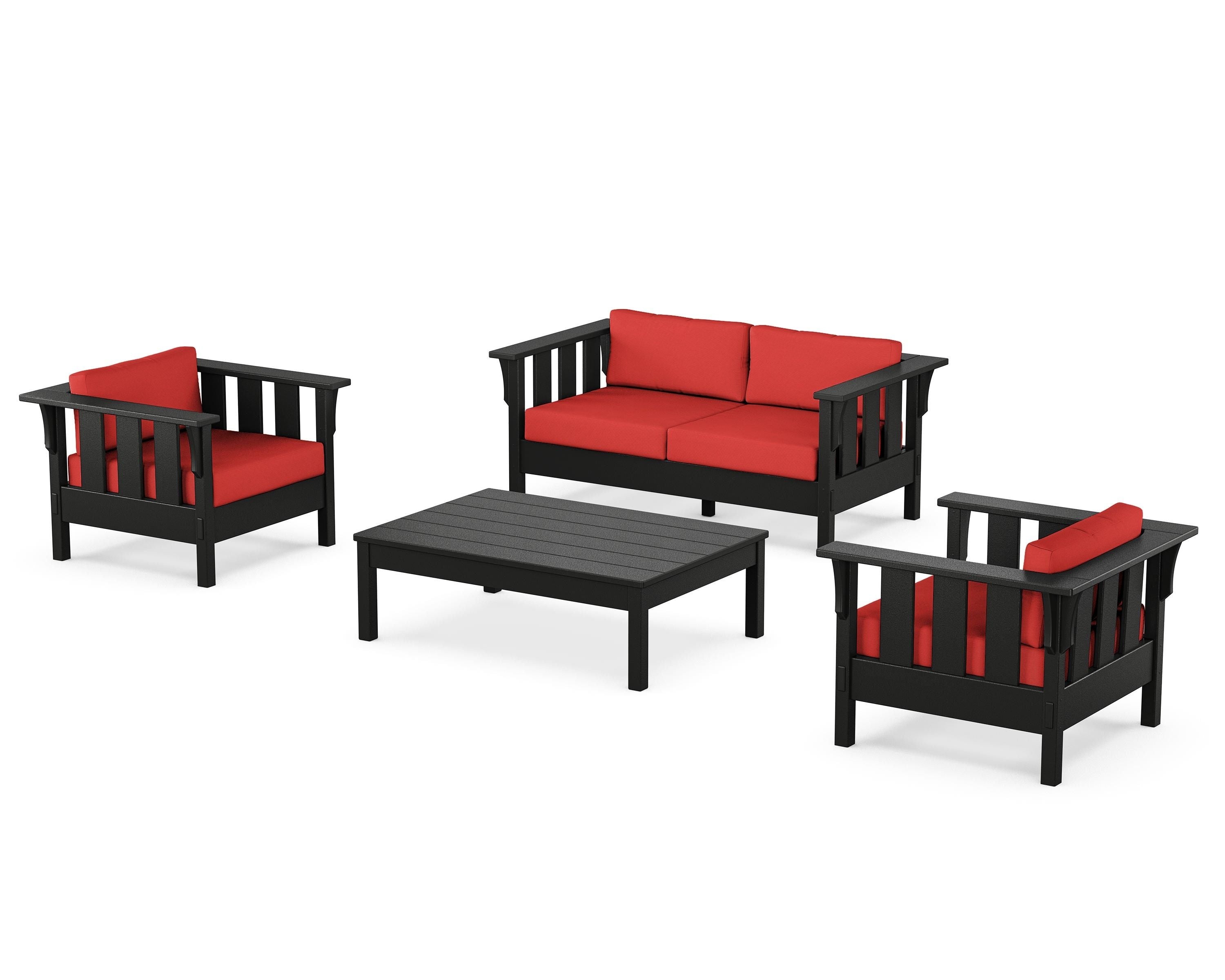Martha Stewart by POLYWOOD Acadia 4-Piece Deep Seating Set with Loveseat in Black / Crimson Linen