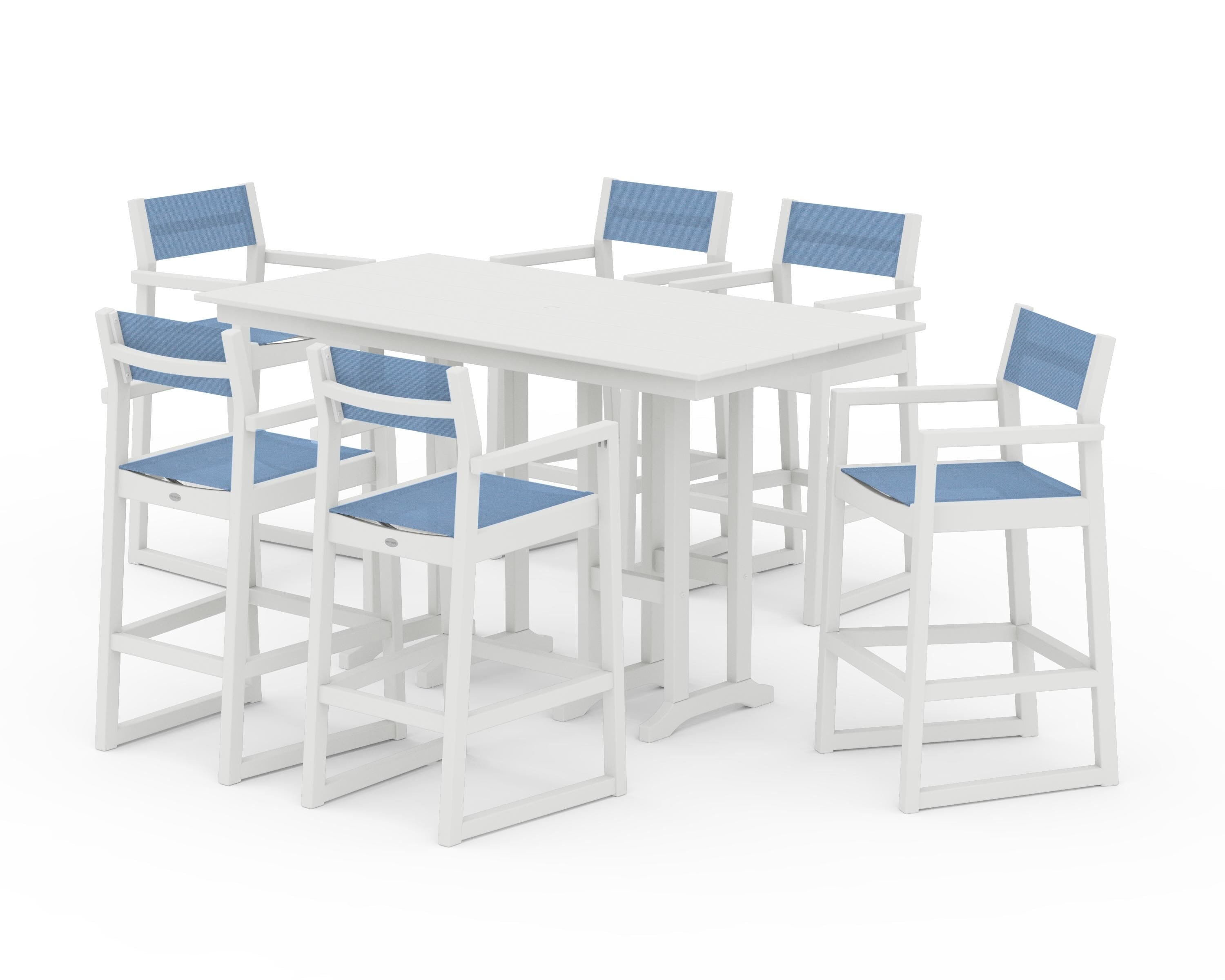POLYWOOD EDGE Sling Arm Chair 7-Piece Farmhouse Bar Set in Vintage White / Poolside Sling