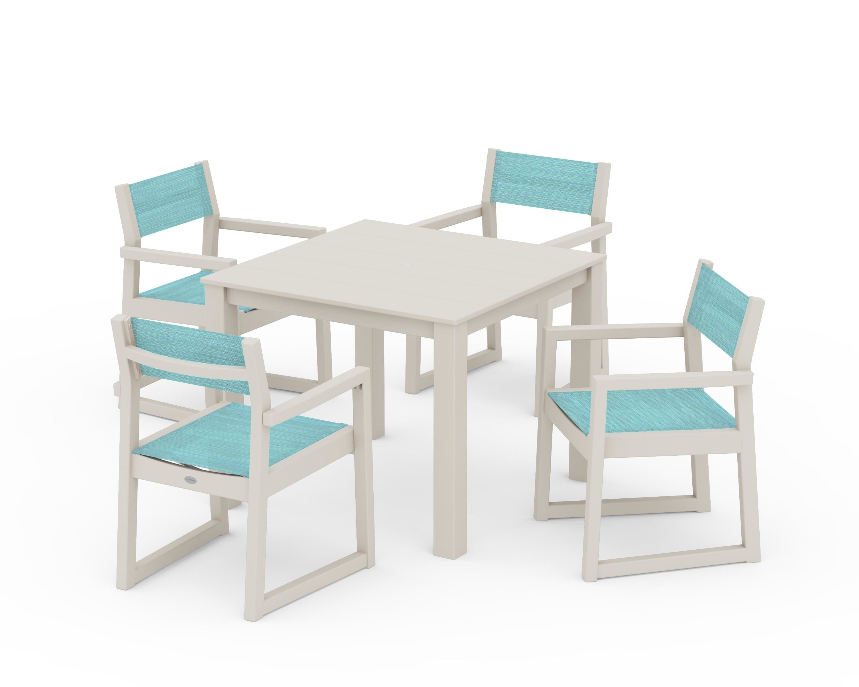 POLYWOOD EDGE Sling Arm Chair 5-Piece Parsons Dining Set in Sand / Dupioni Aquamarine Sling