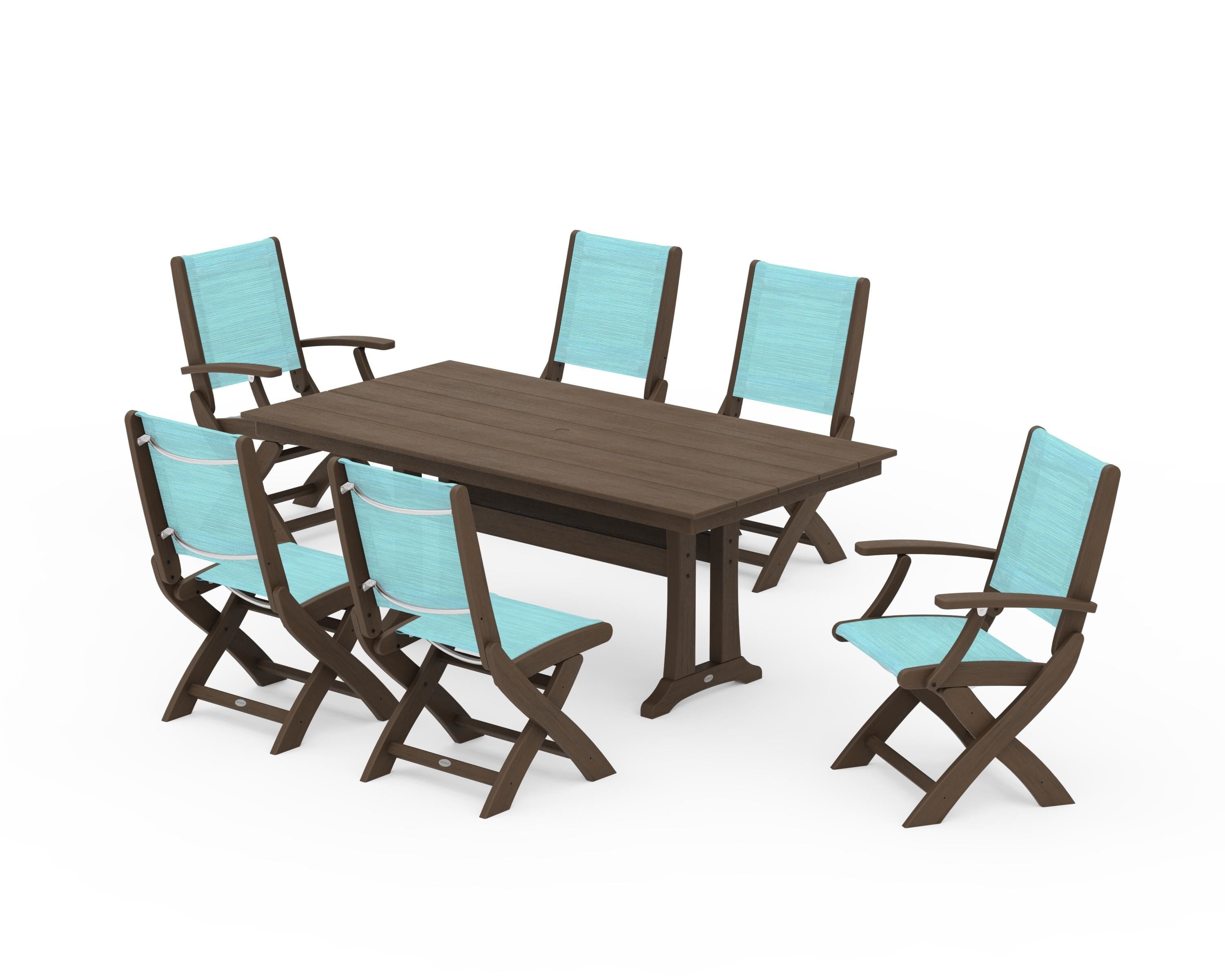 POLYWOOD Coastal Folding Chair 7-Piece Farmhouse Dining Set with Trestle Legs in Kona / Dupioni Aquamarine Sling