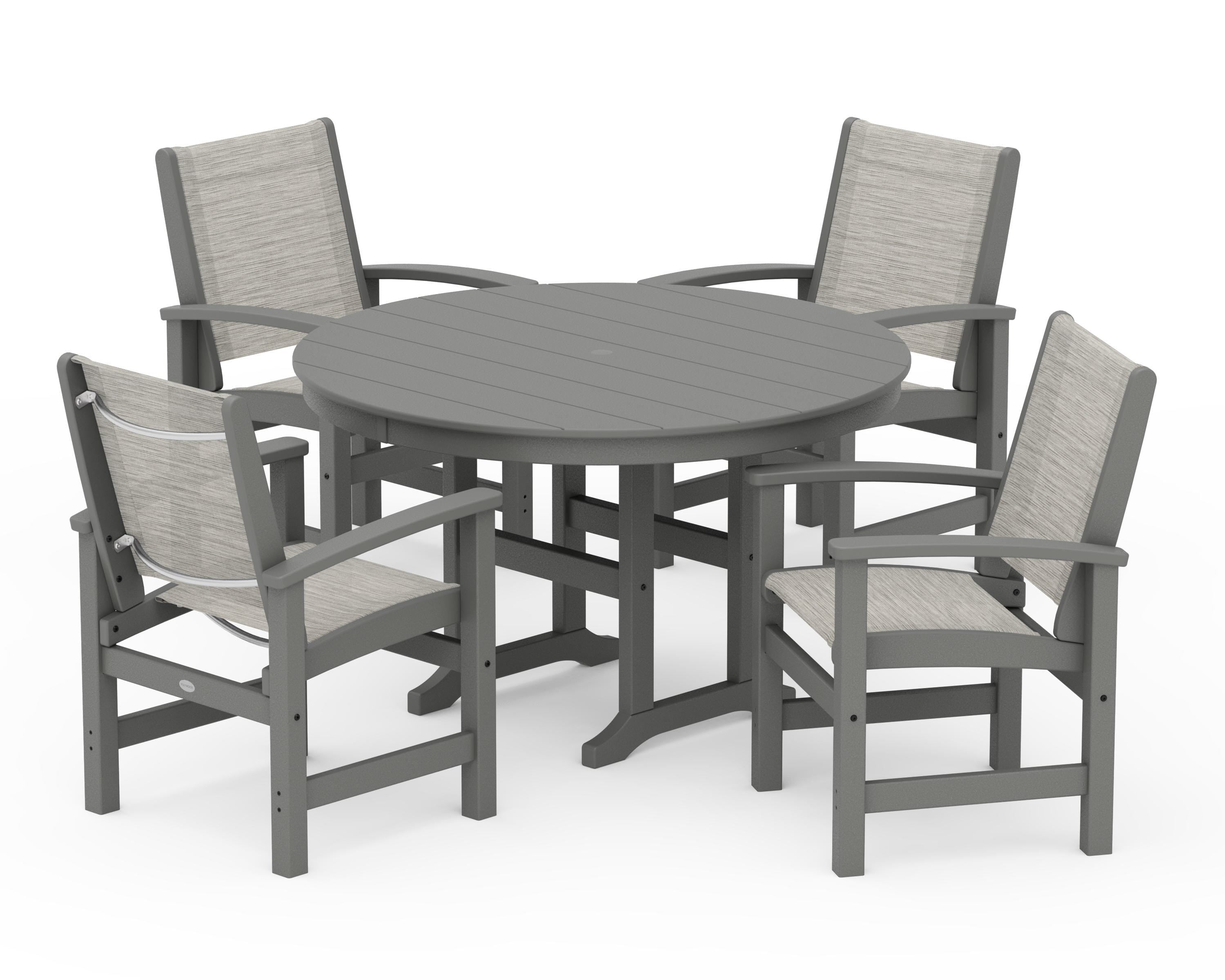 POLYWOOD Coastal 5-Piece Round Farmhouse Dining Set in Slate Grey / Birch Sling