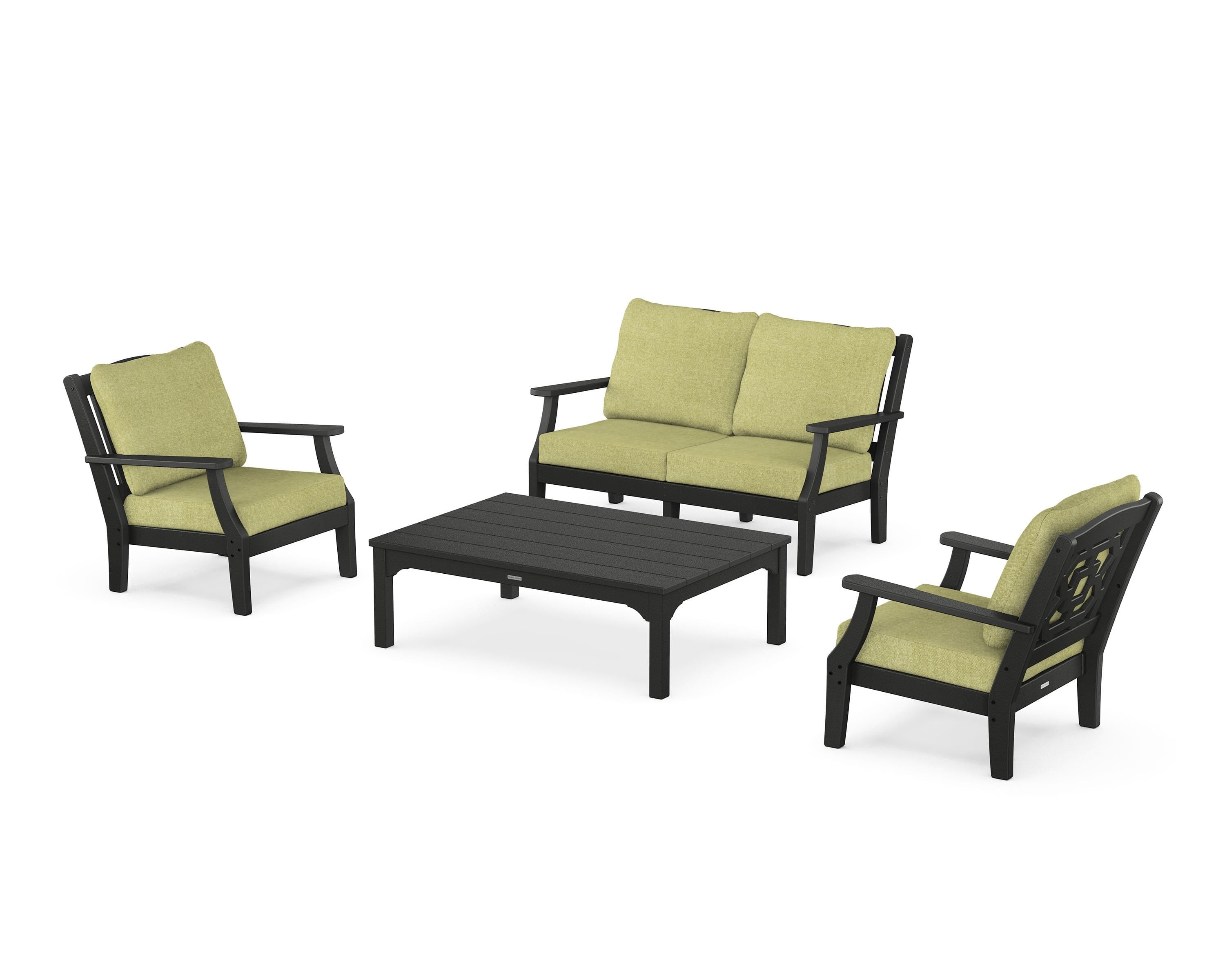 Martha Stewart by POLYWOOD Chinoiserie 4-Piece Deep Seating Set with Loveseat in Black / Chartreuse Boucle