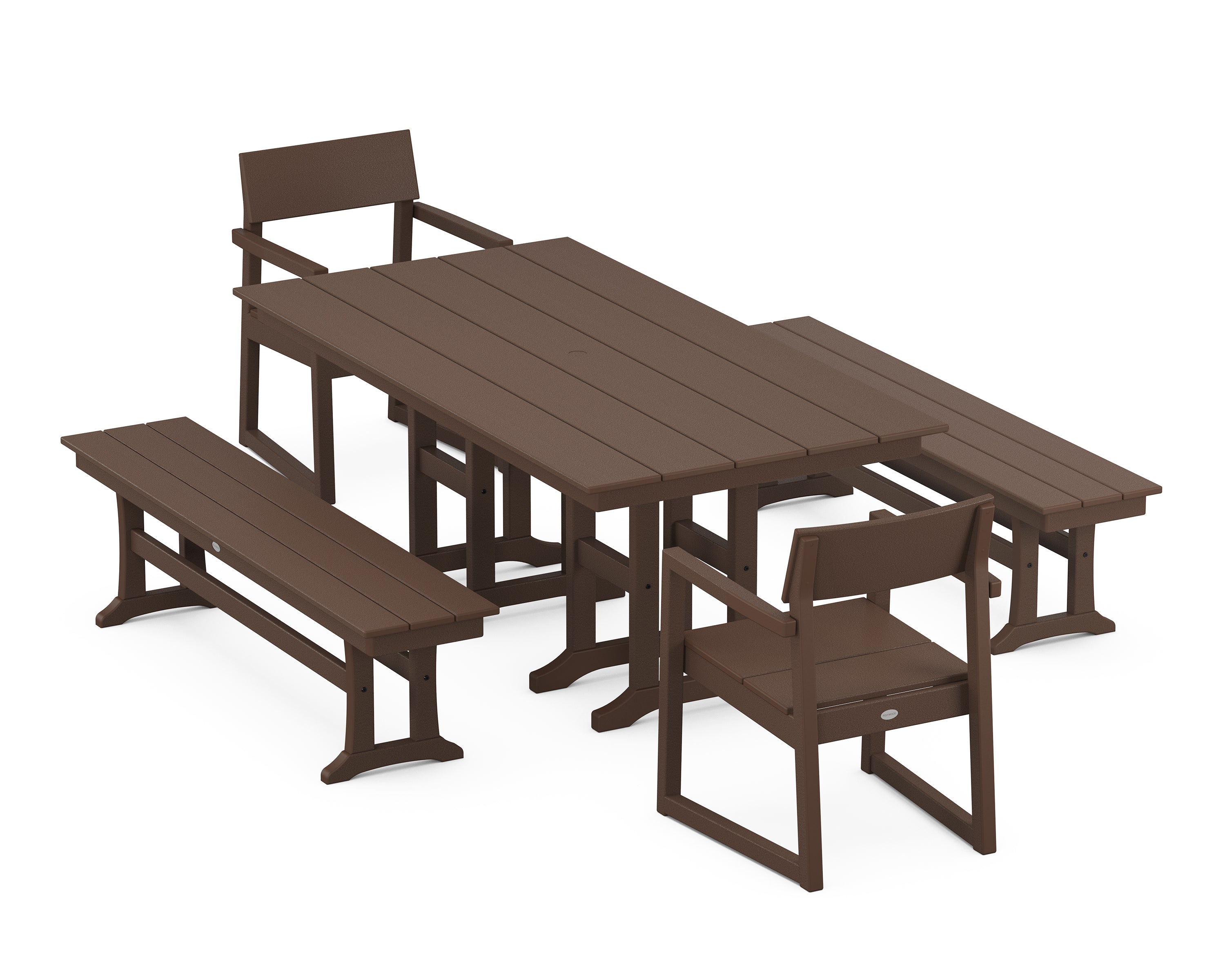 POLYWOOD® EDGE 5-Piece Farmhouse Dining Set with Benches in Mahogany