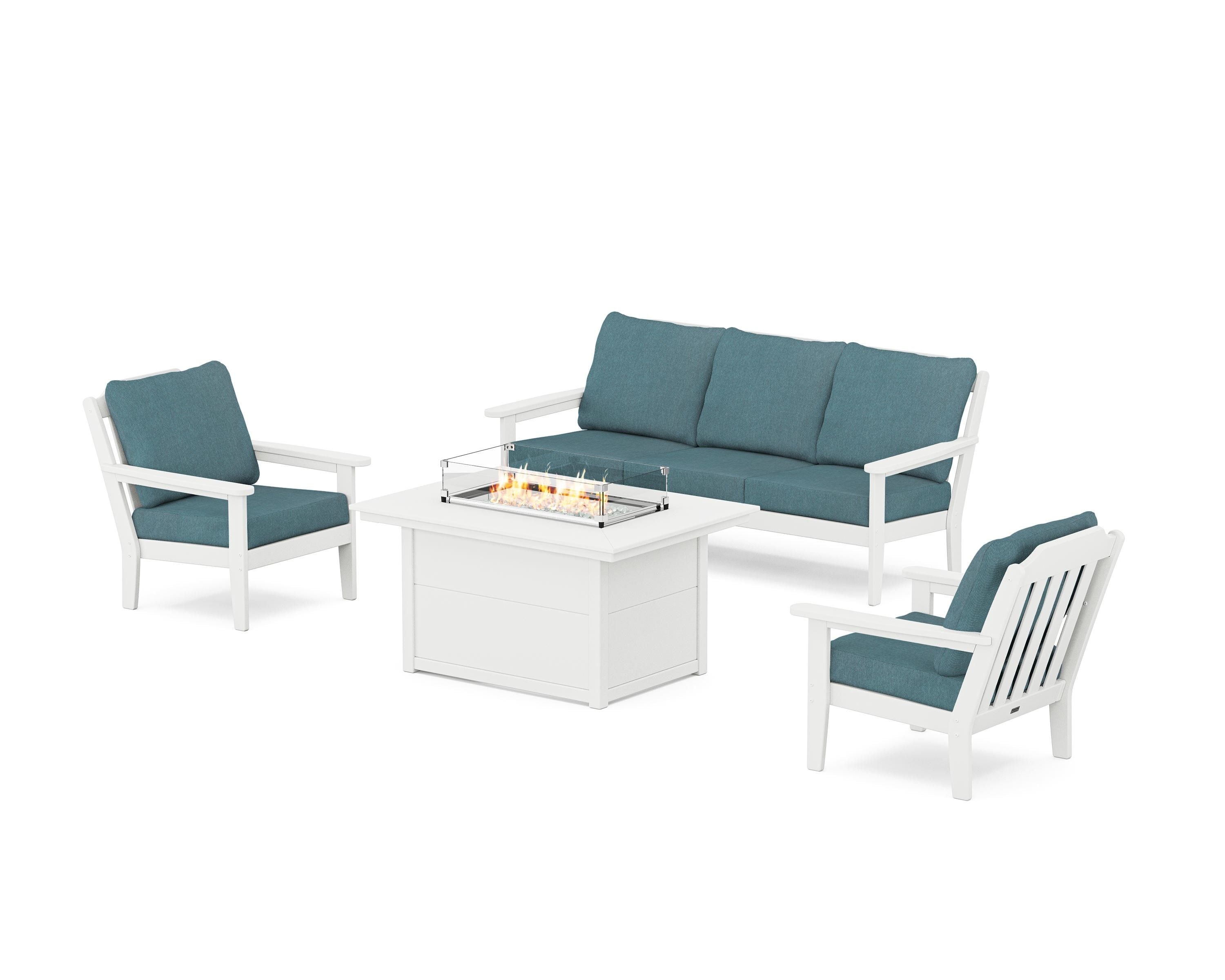 Country Living Cottage Deep Seating Fire Pit Table Set in White / Ocean Teal
