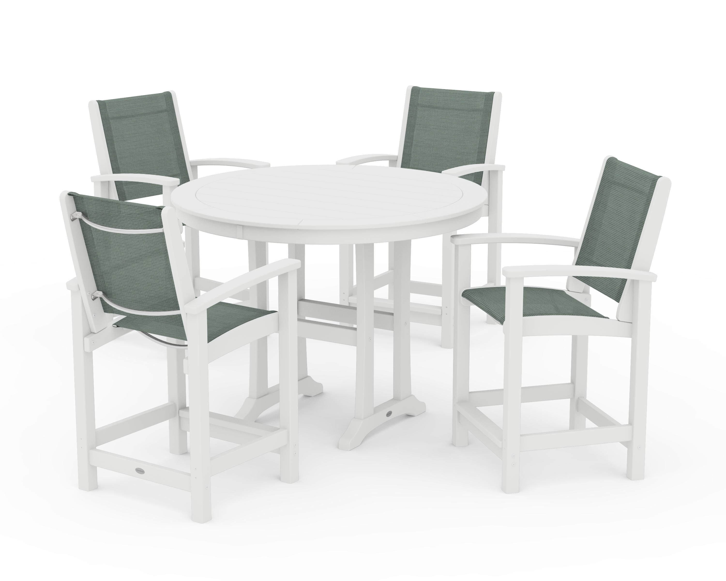 POLYWOOD Coastal 5-Piece Counter Set in White / Dupioni Sea Mist Sling