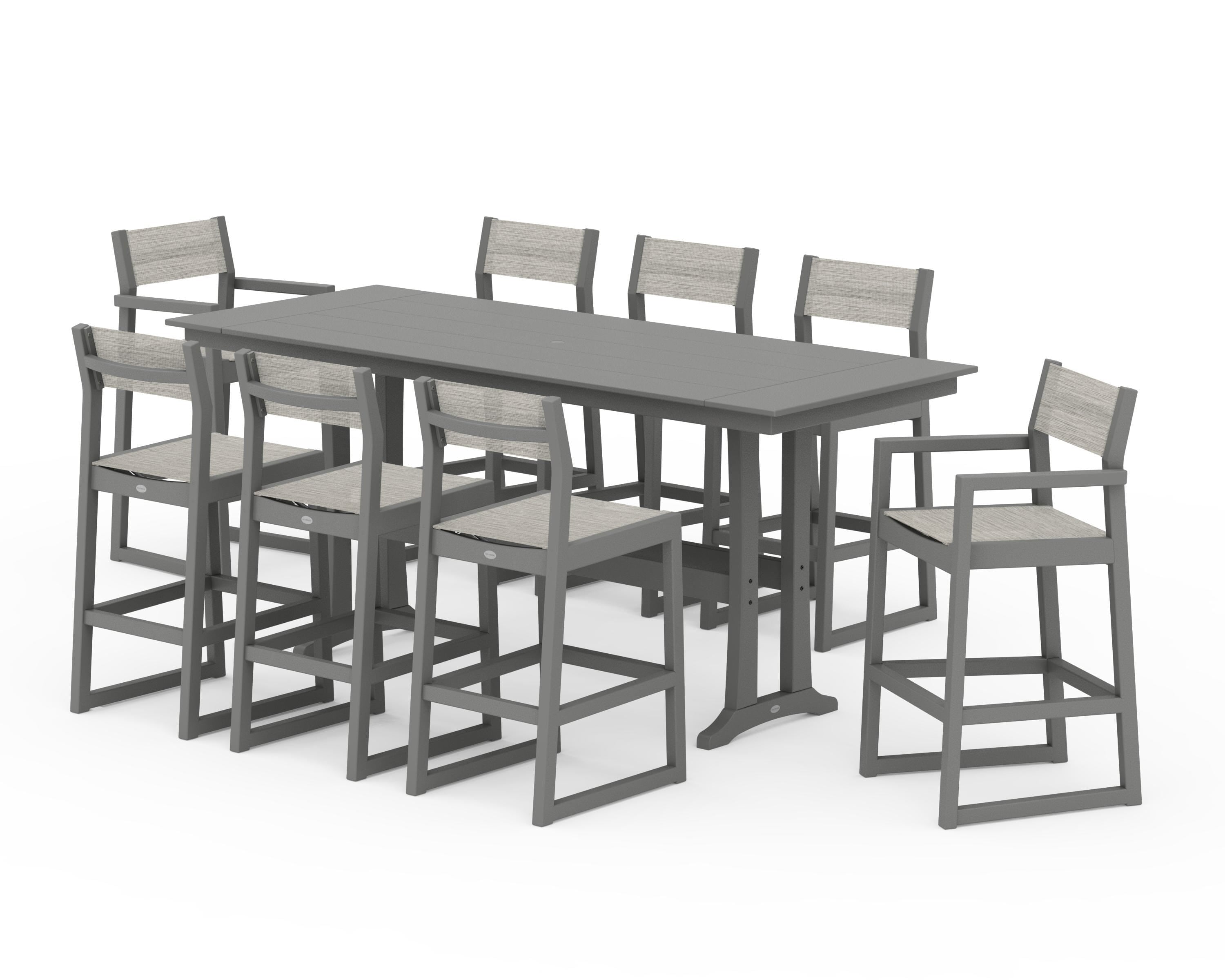 POLYWOOD EDGE Sling 9-Piece Farmhouse Bar Set with Trestle Legs in Slate Grey / Birch Sling