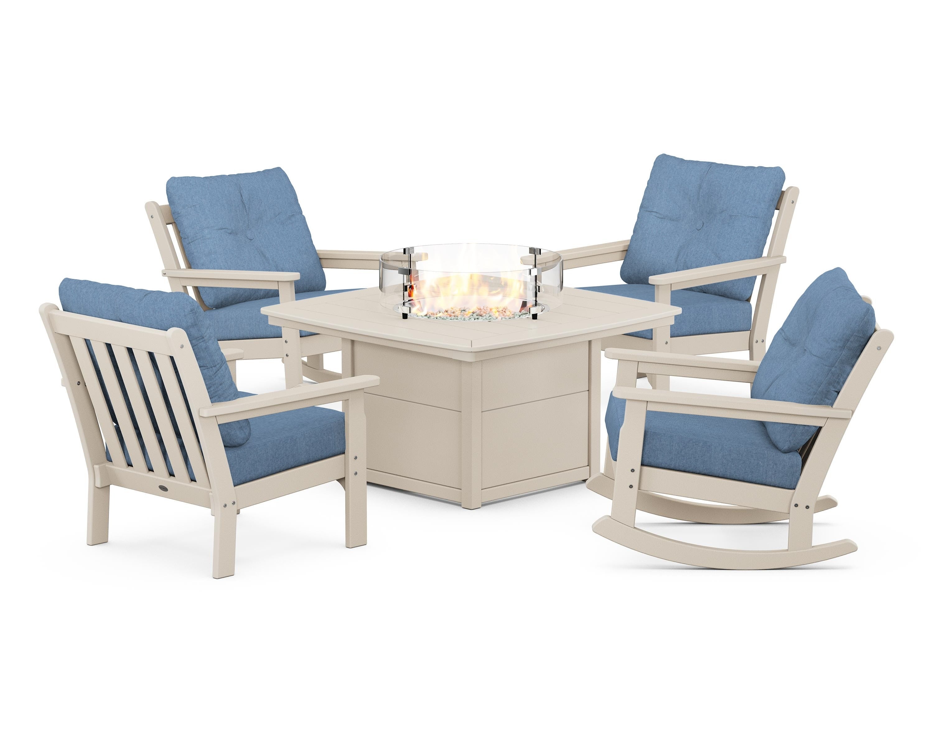 POLYWOOD Vineyard 5-Piece Deep Seating Rocking Chair Conversation Set with Fire Pit Table in Sand / Sky Blue