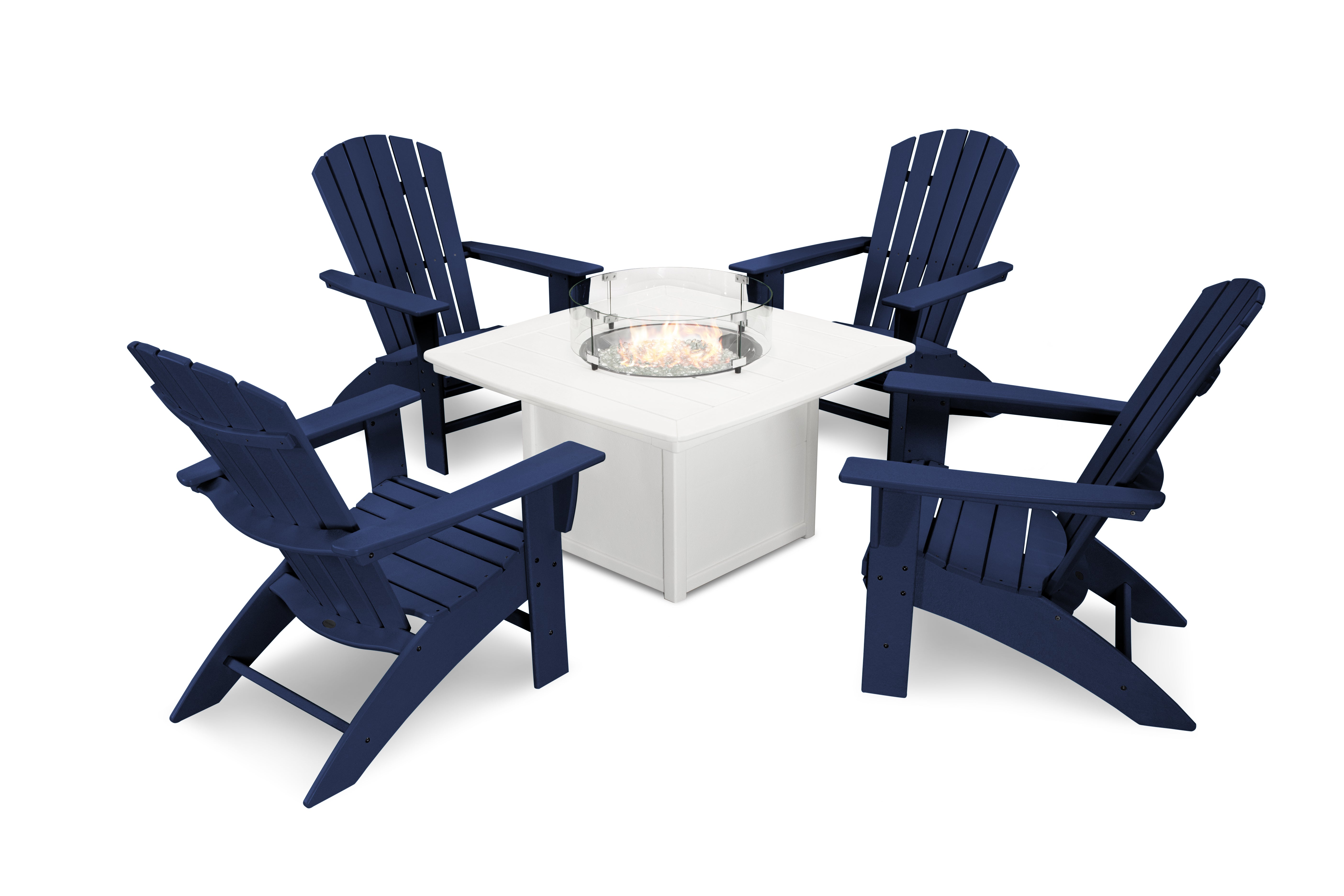 POLYWOOD® Nautical Curveback Adirondack 5-Piece Conversation Set with Fire Pit Table in Navy / White