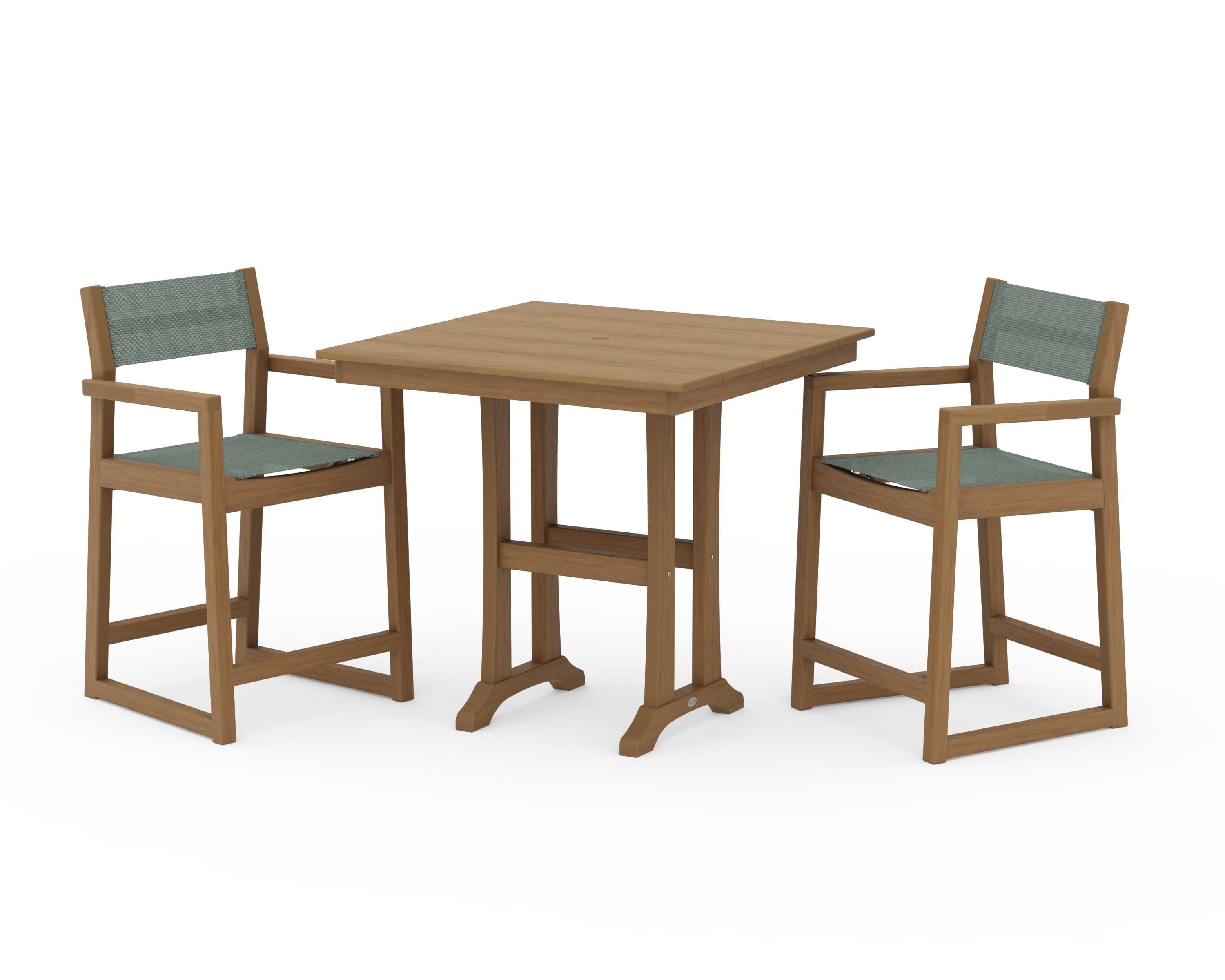 POLYWOOD EDGE Sling Arm Chair 3-Piece Farmhouse Counter Set with Trestle Legs in Natural / Dupioni Sea Mist Sling