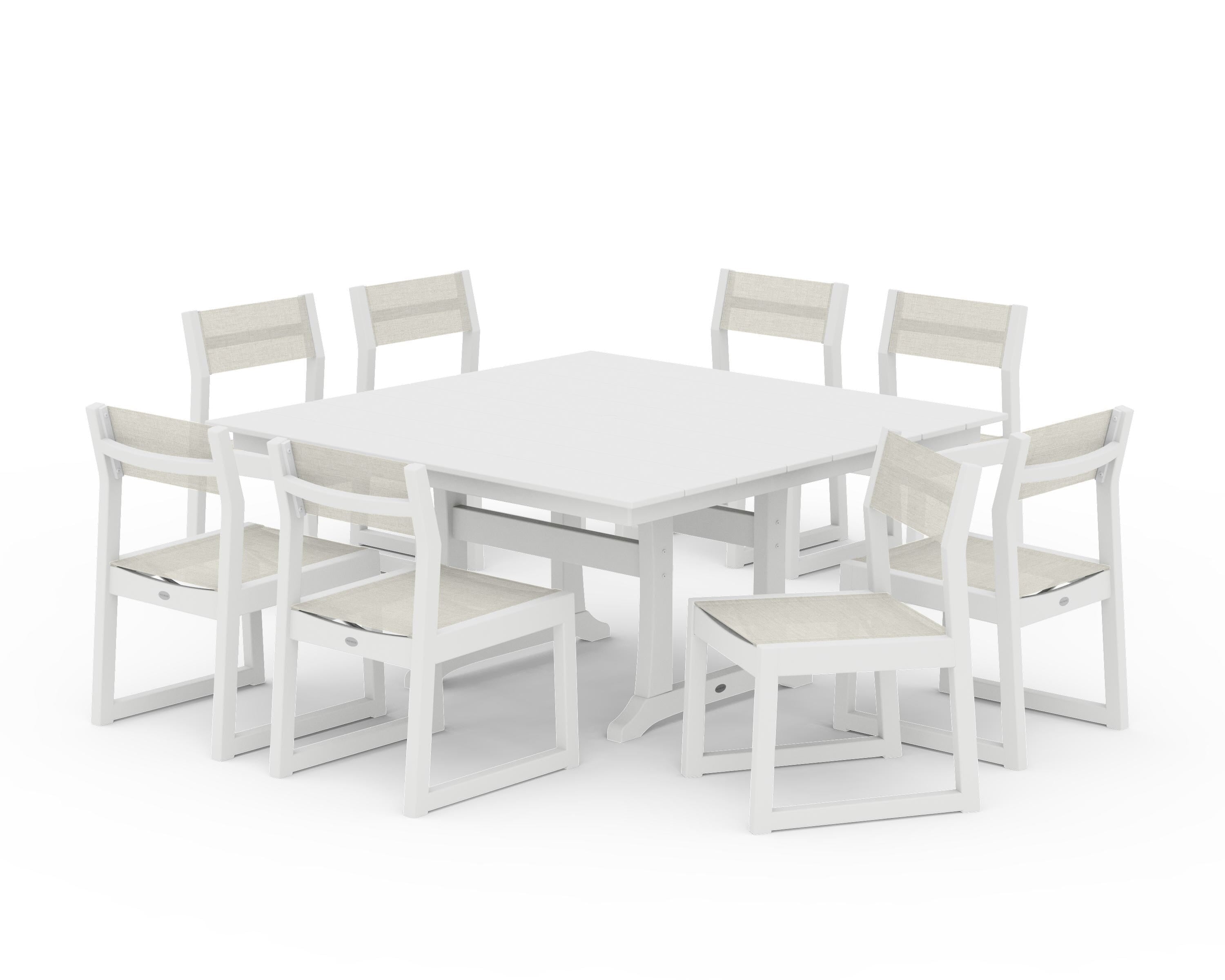 POLYWOOD EDGE Sling Side Chair 9-Piece Farmhouse Trestle Dining Set in White / Parchment Sling