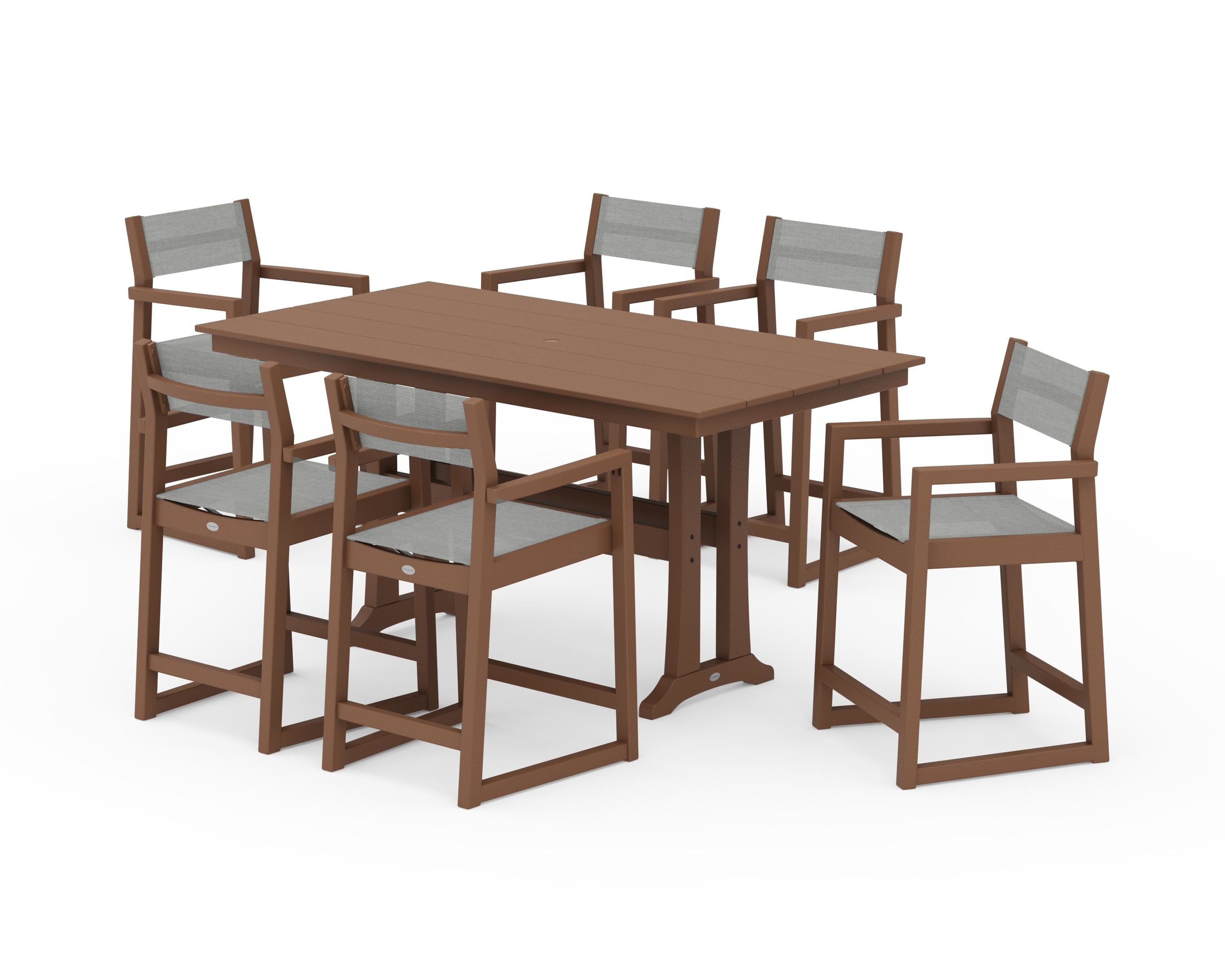 POLYWOOD EDGE Sling Arm Chair 7-Piece Farmhouse Counter Set with Trestle Legs in Teak / Metallic Sling