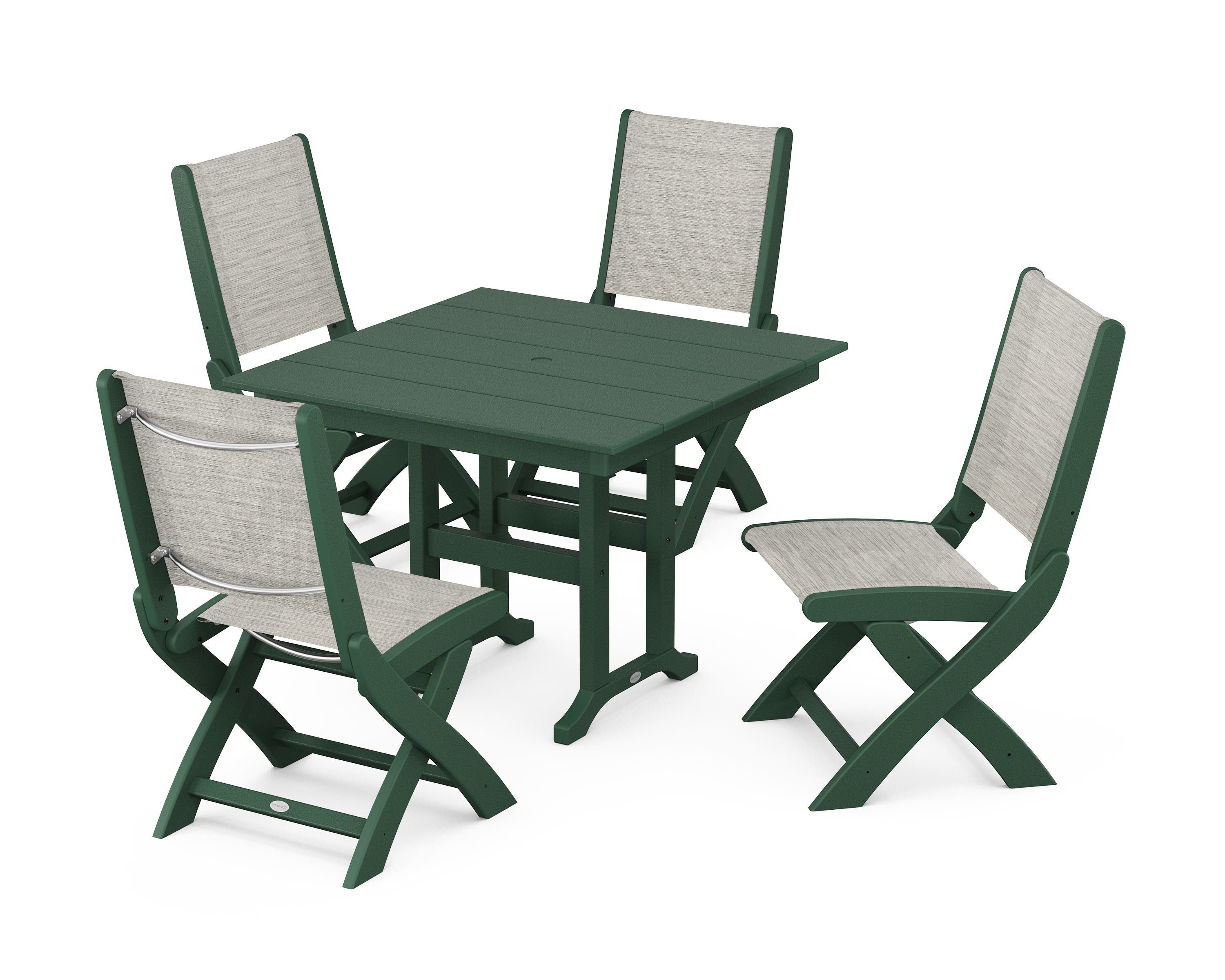 POLYWOOD Coastal Folding Side Chair 5-Piece Farmhouse Dining Set in Green / Birch Sling