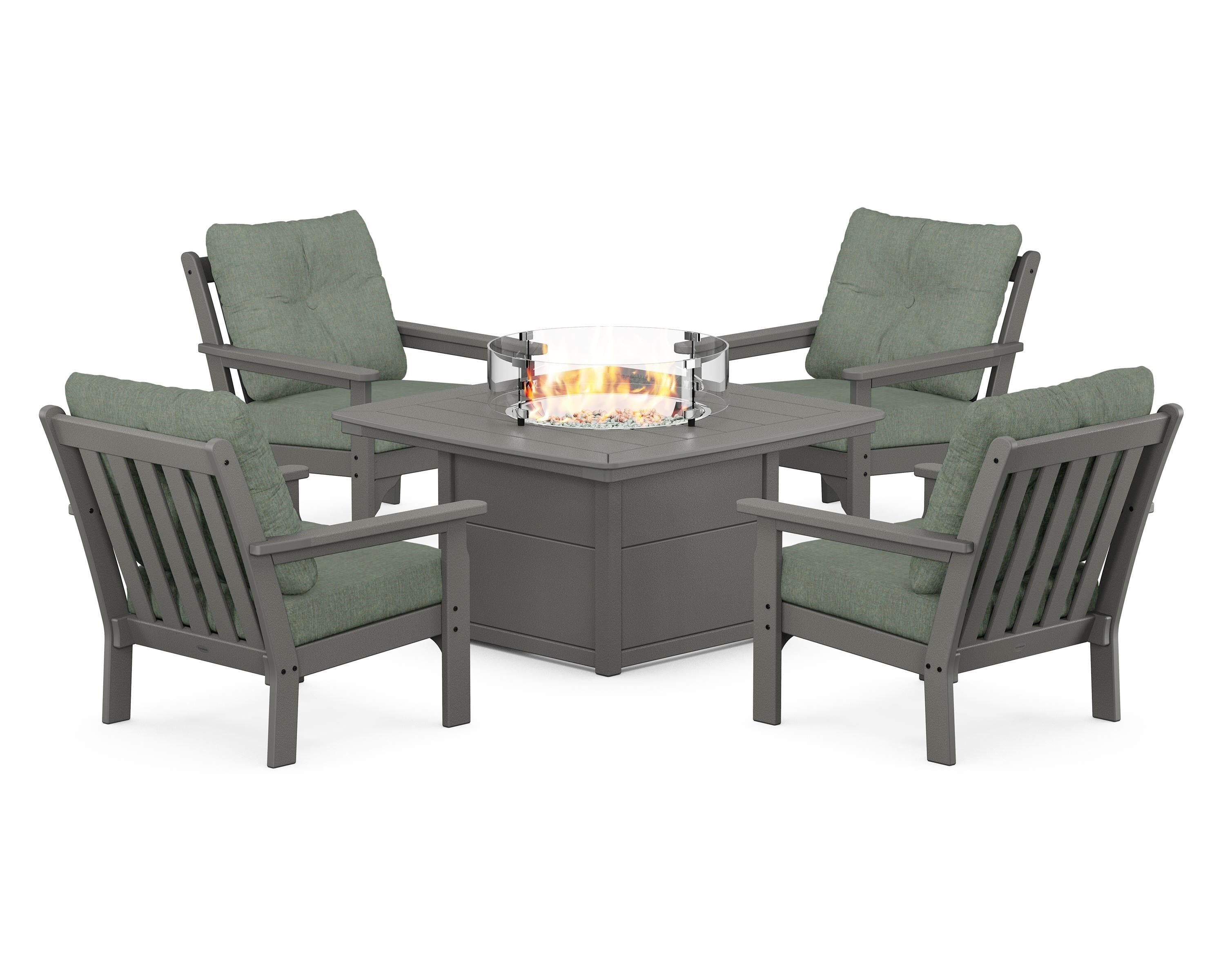 POLYWOOD Vineyard 5-Piece Conversation Set with Fire Pit Table in Slate Grey / Cast Sage