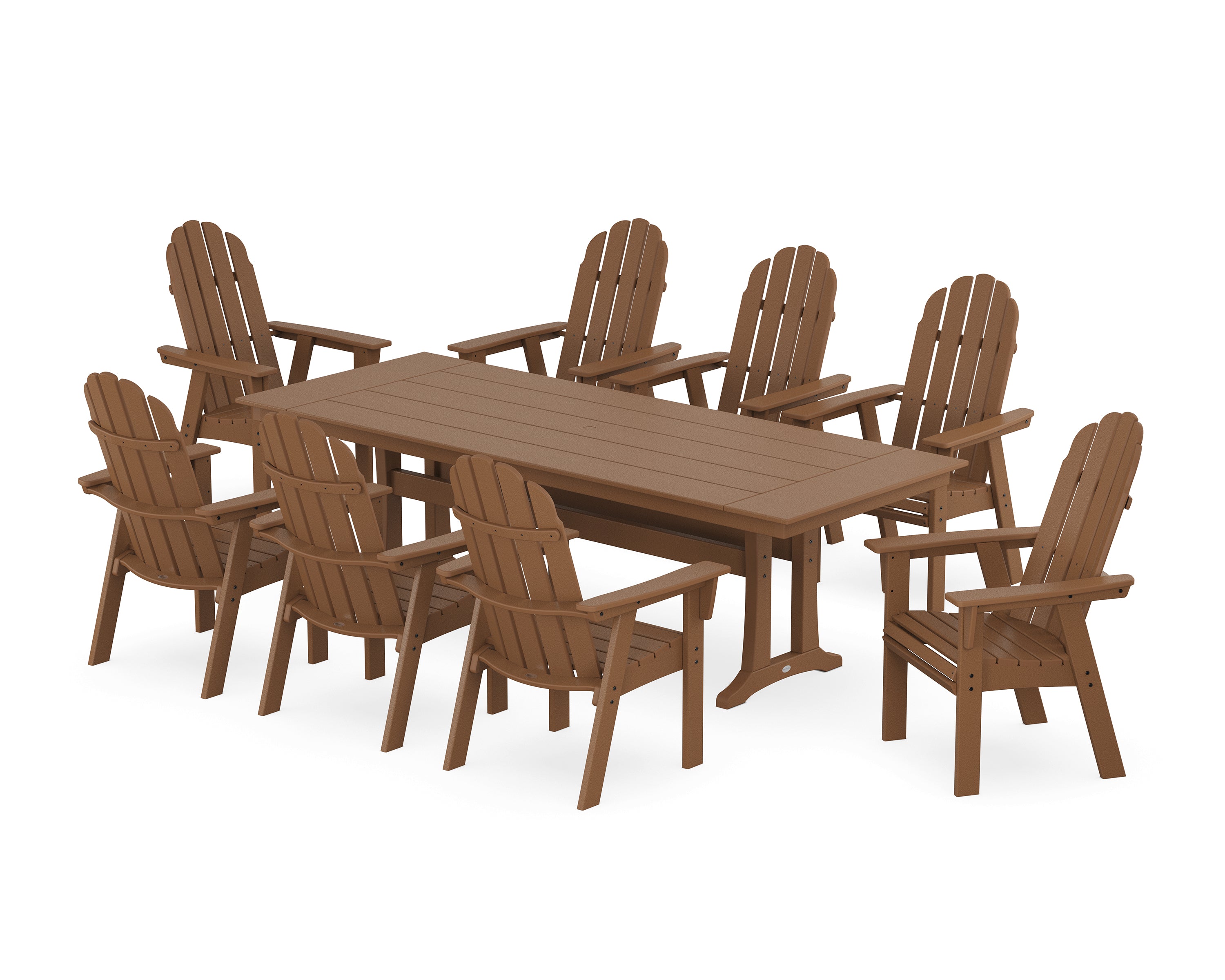 POLYWOOD® Vineyard 9-Piece Curveback Adirondack Farmhouse Dining Set with Trestle Legs in Teak