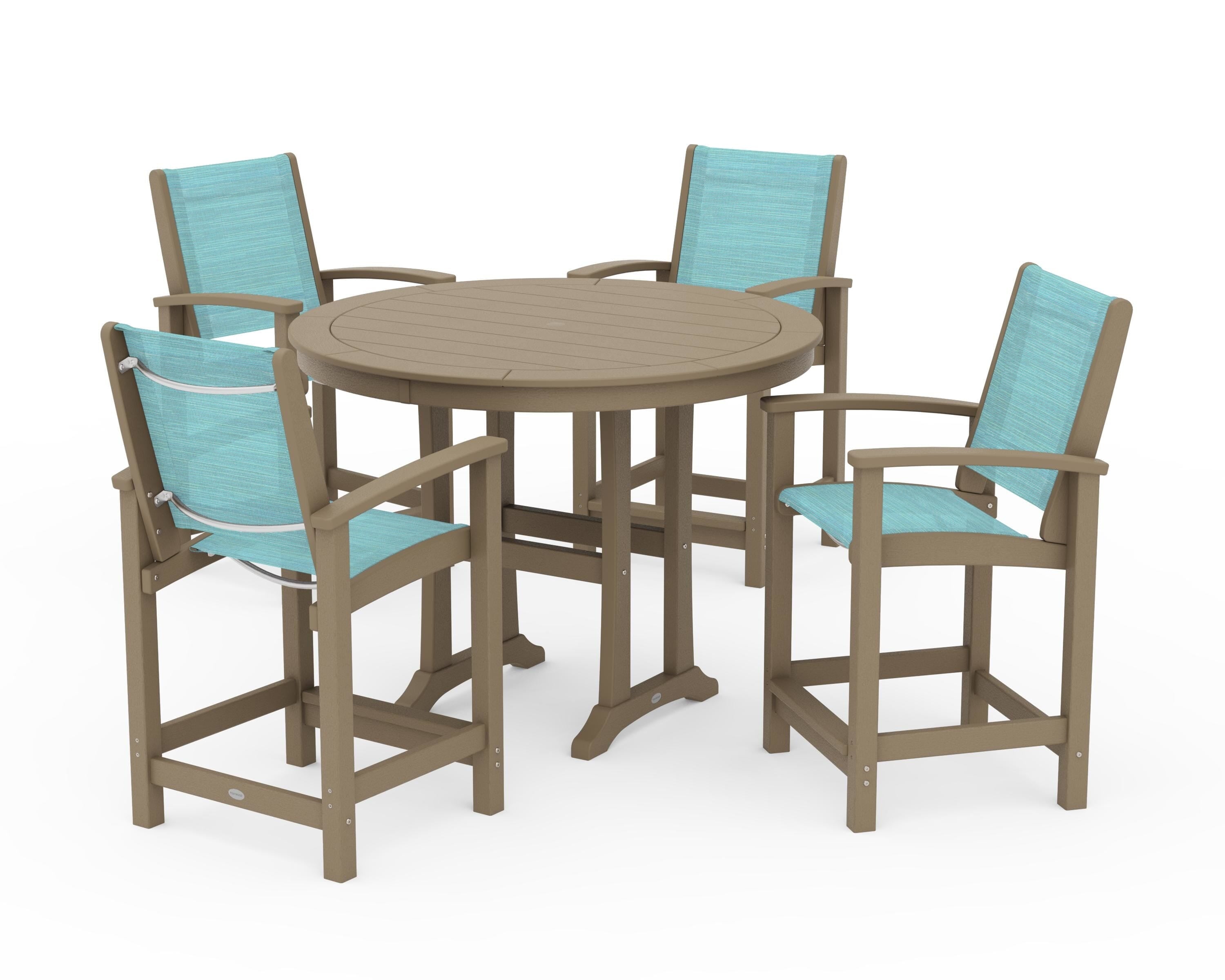POLYWOOD Coastal 5-Piece Counter Set in Vintage Sahara / Dupioni Aquamarine Sling