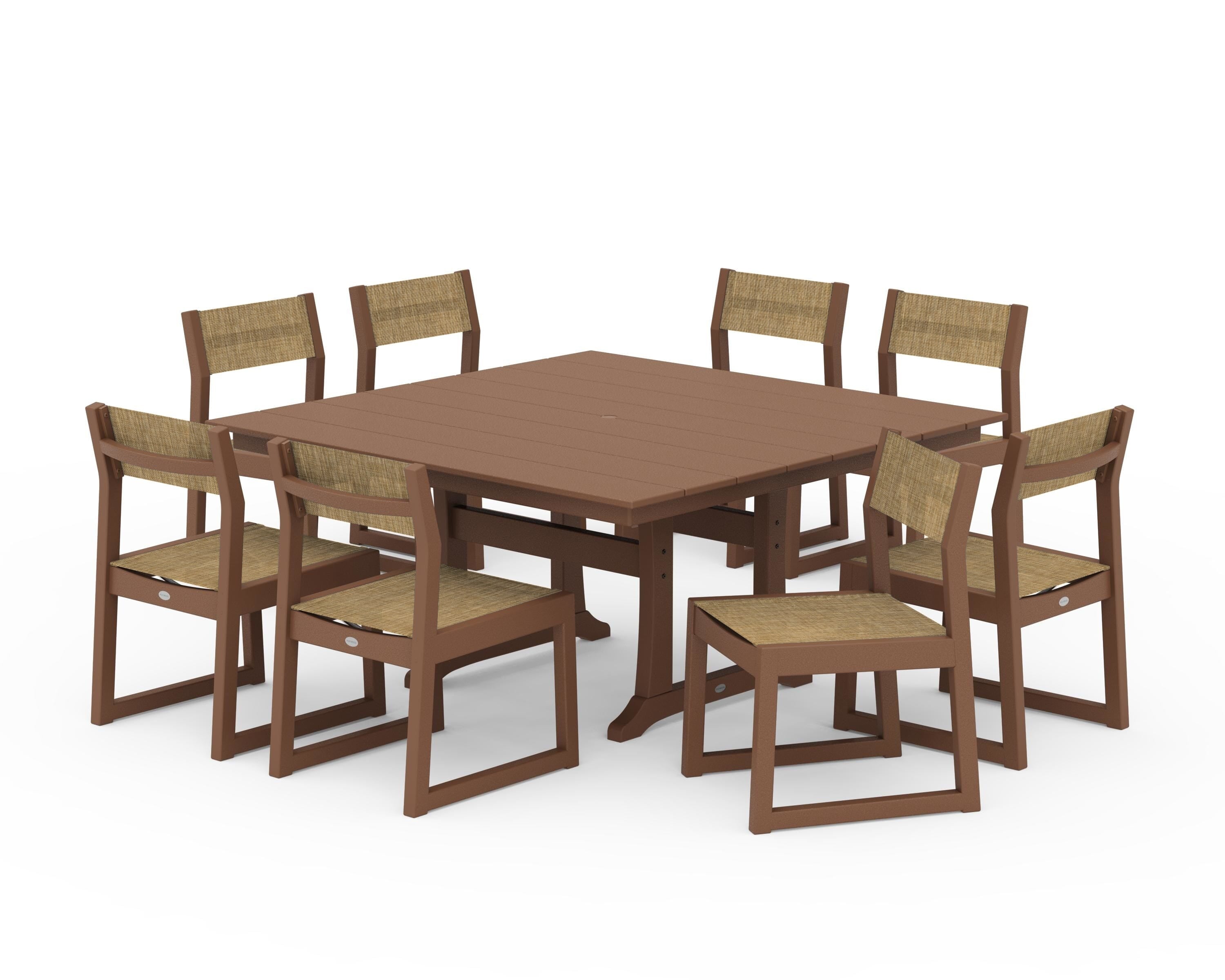 POLYWOOD EDGE Sling Side Chair 9-Piece Farmhouse Trestle Dining Set in Teak / Burlap Sling