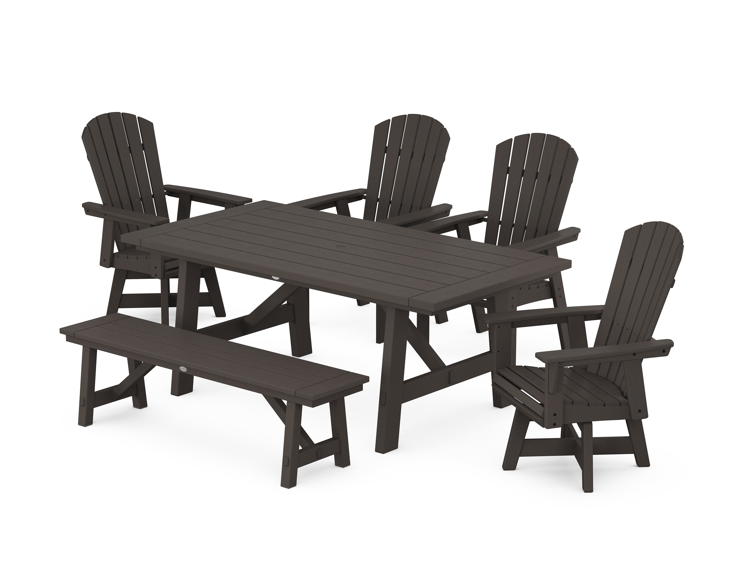 POLYWOOD® Nautical Adirondack Swivel 6-Piece Rustic Farmhouse Dining Set With Trestle Legs in Vintage Coffee