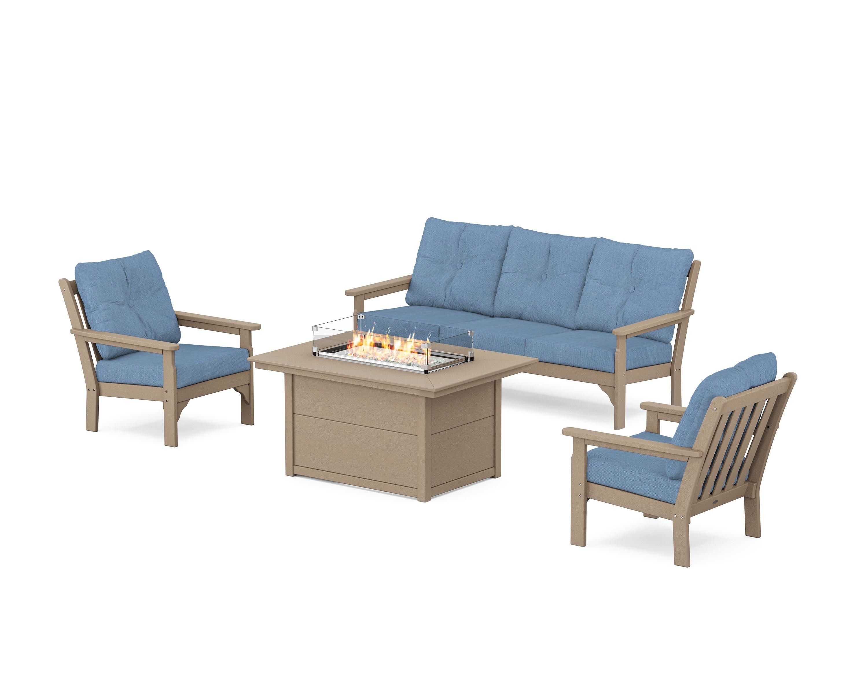 POLYWOOD Vineyard Deep Seating Fire Pit Table Set in Vintage Sahara / Sky Blue