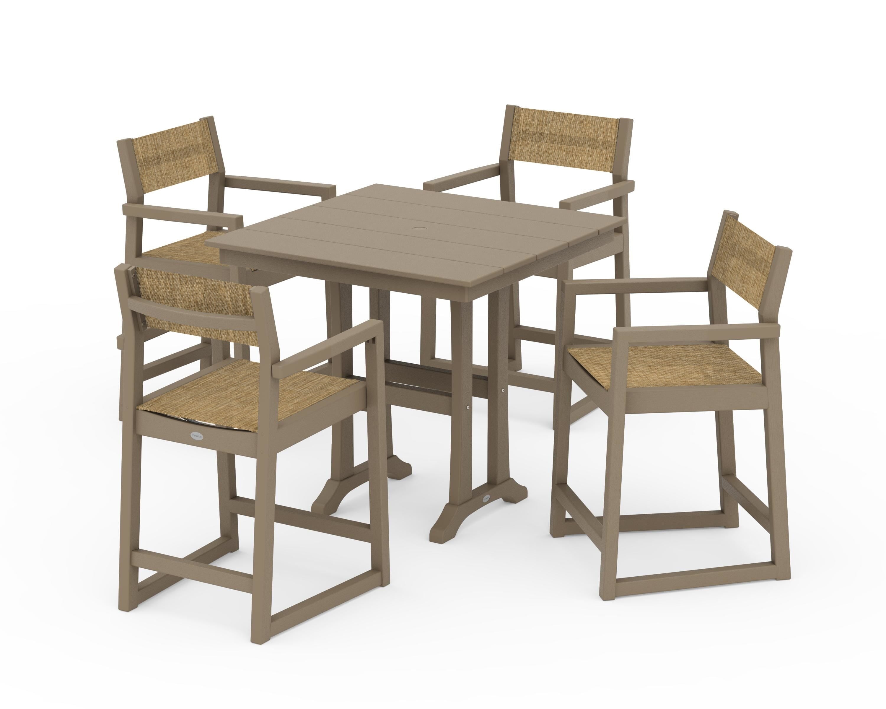 POLYWOOD EDGE Sling Arm Chair 5-Piece Farmhouse Counter Set with Trestle Legs in Vintage Sahara / Burlap Sling