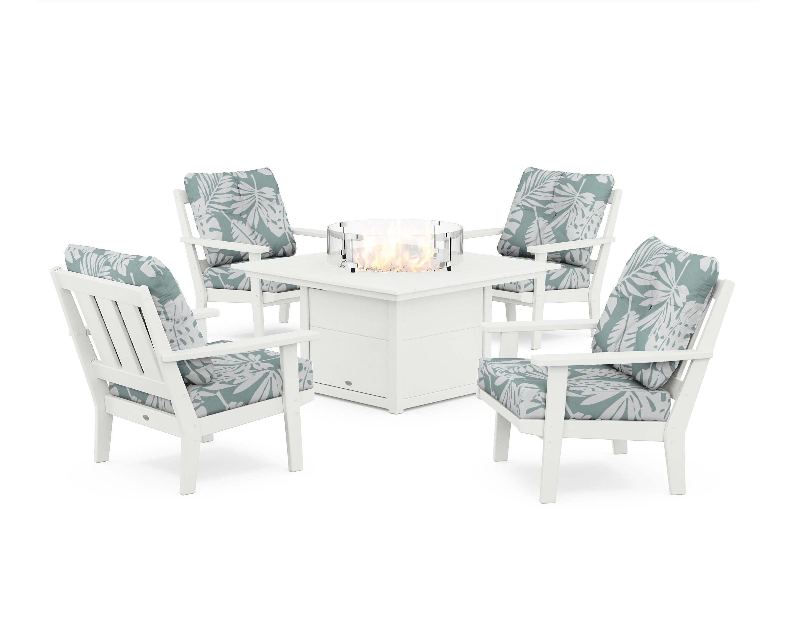 POLYWOOD Oxford 5-Piece Deep Seating Set with Fire Pit Table in White / Leaf Glacier Spa