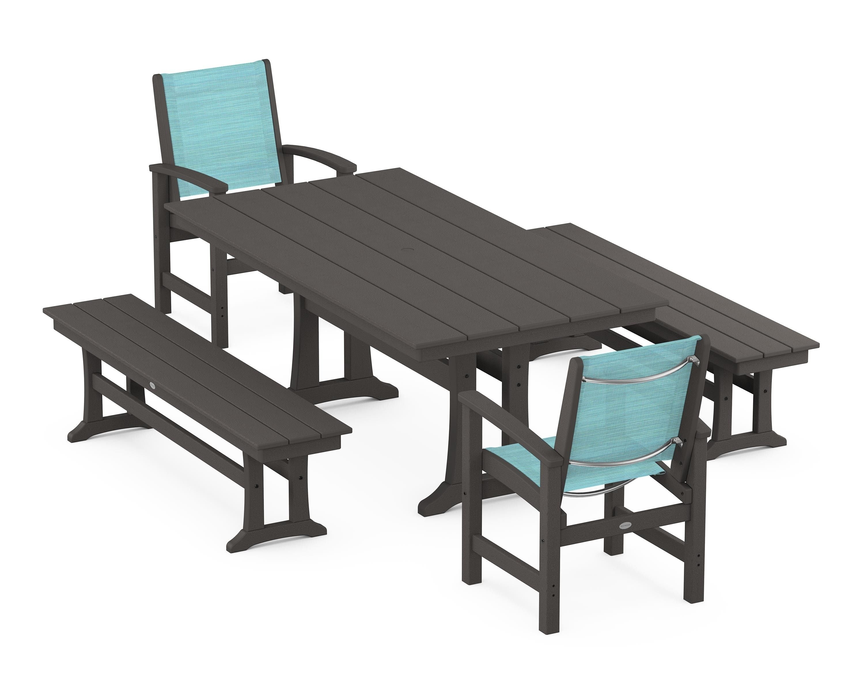 POLYWOOD Coastal 5-Piece Farmhouse Dining Set with Trestle Legs and Benches in Vintage Coffee / Dupioni Aquamarine Sling