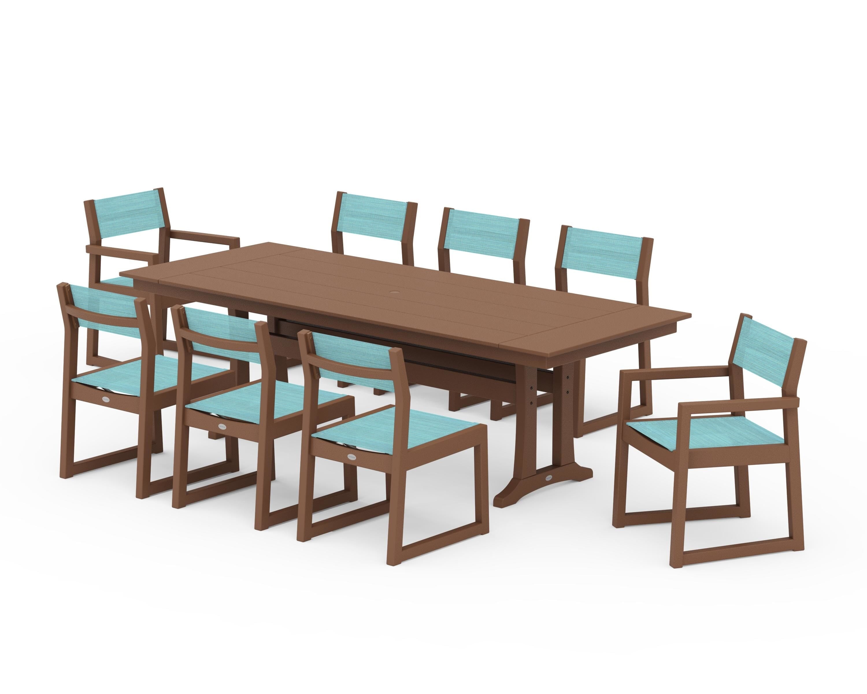 POLYWOOD EDGE Sling 9-Piece Farmhouse Trestle Dining Set in Teak / Dupioni Aquamarine Sling