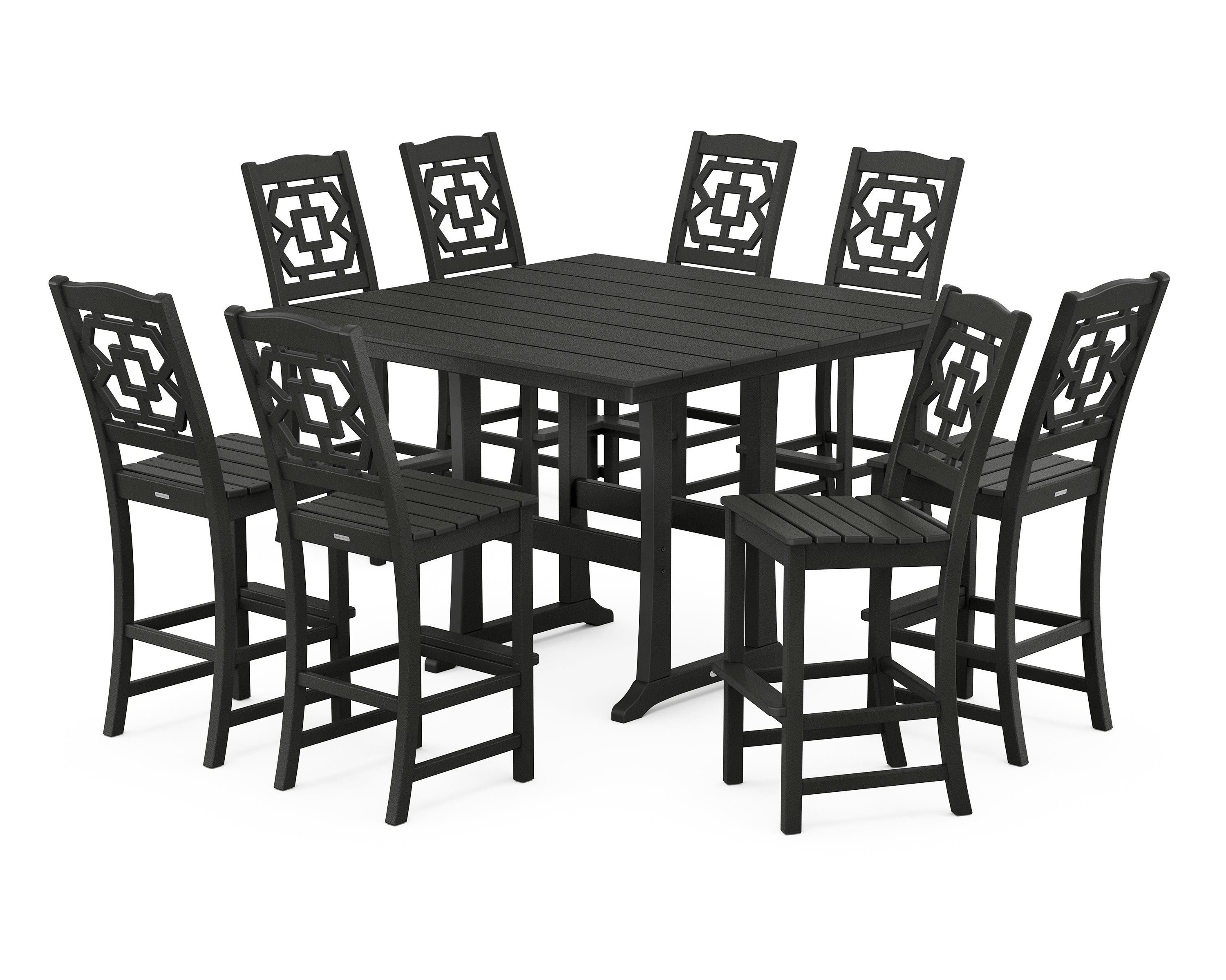 Martha Stewart by POLYWOOD® Chinoiserie 9-Piece Square Farmhouse Side Chair Bar Set with Trestle Legs in Black