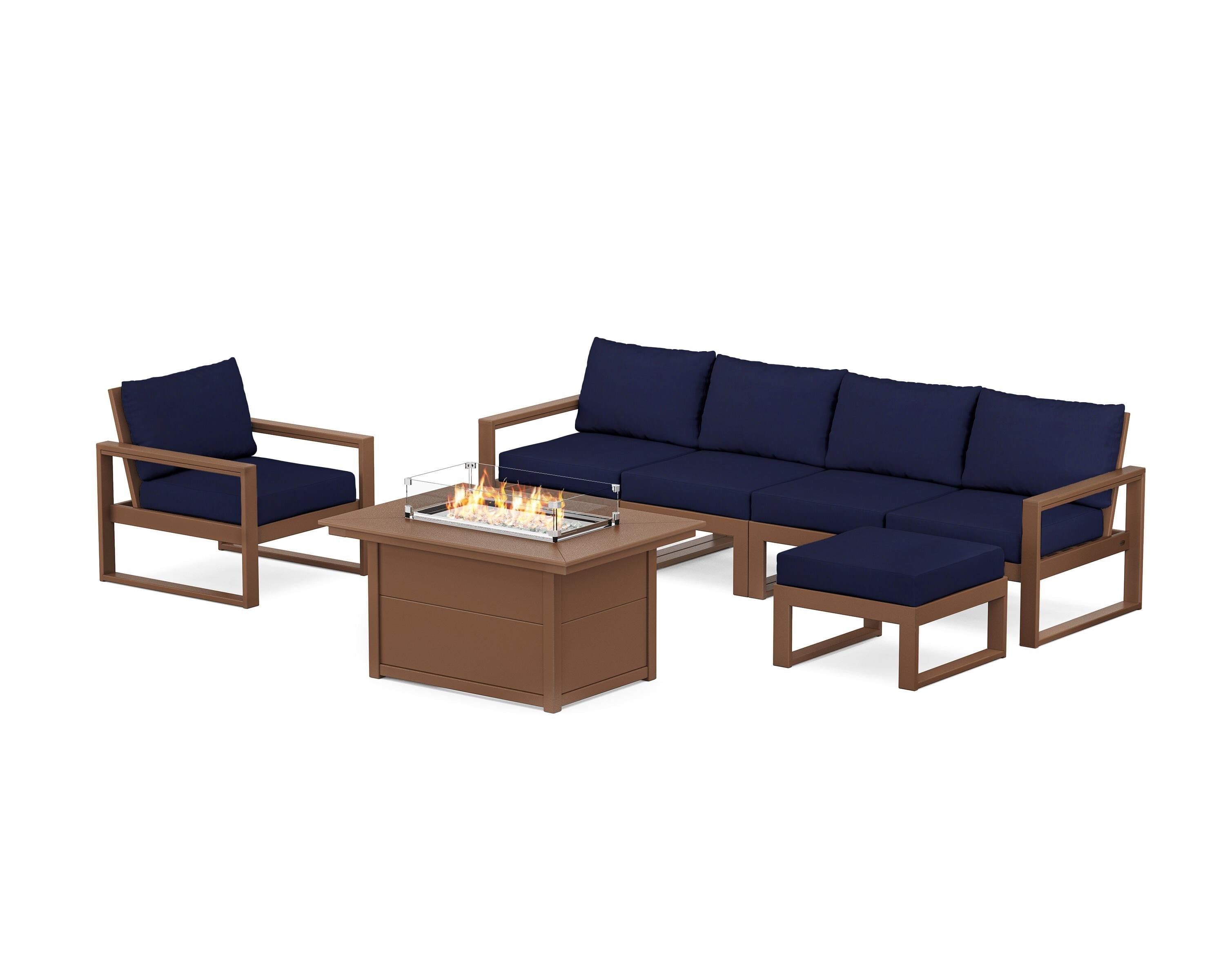 POLYWOOD EDGE Sectional Lounge and Fire Pit Set in Teak / Navy